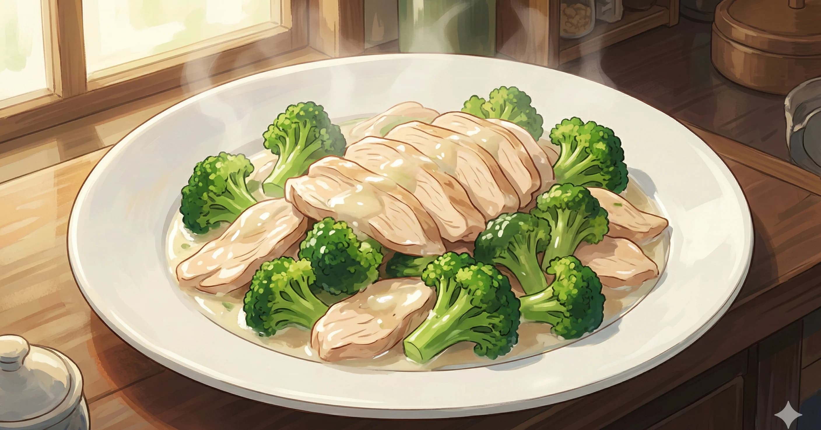 Chicken and Broccoli in White Sauce (白汁鸡花椰) — Velveted chicken breast and blanched broccoli in a light, glossy white sauce of chicken stock, garlic, ginger, and sesame oil