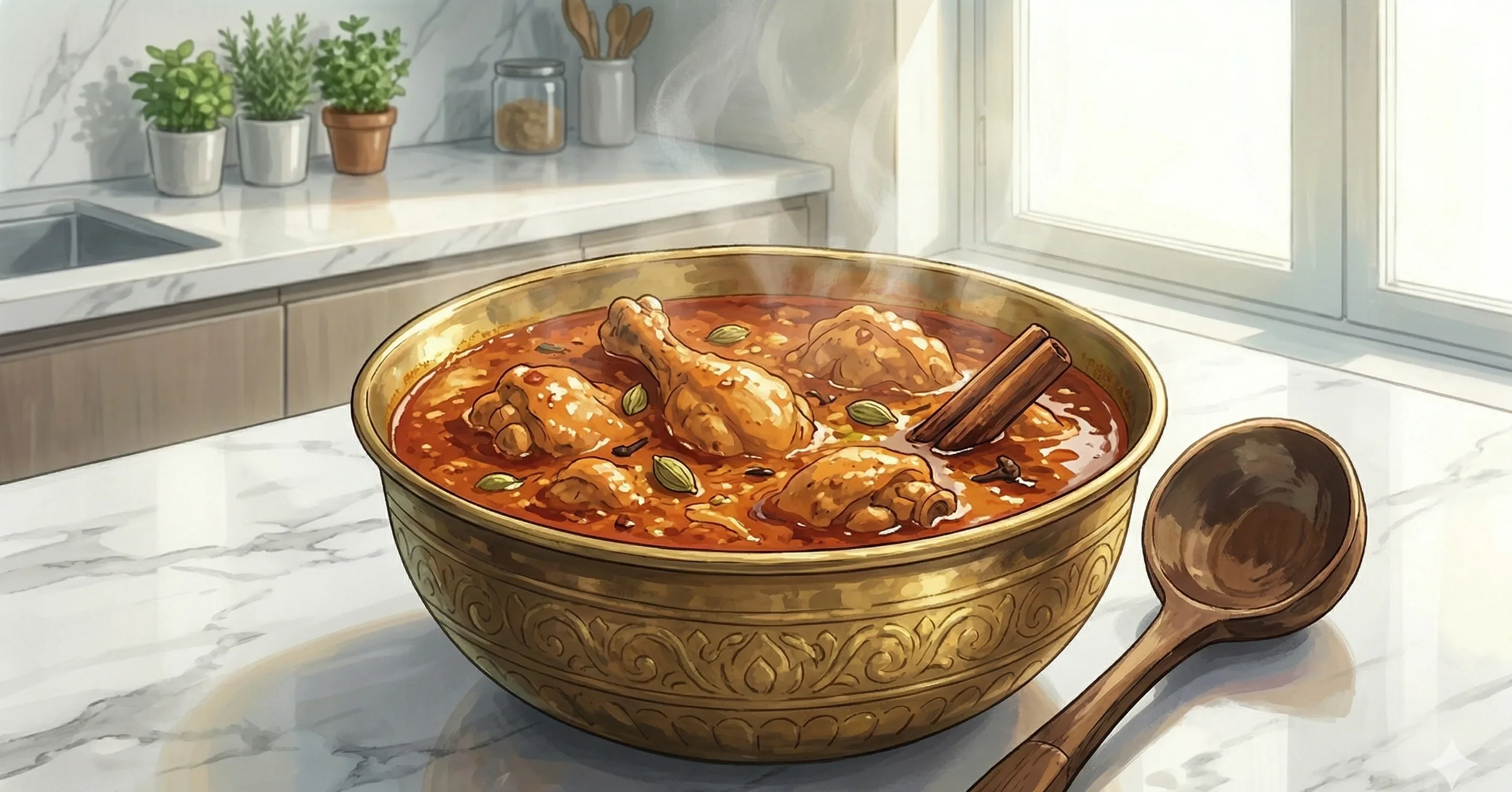 Punjabi Chicken Curry — Bone-in chicken in a dark, spiced tomato and onion gravy