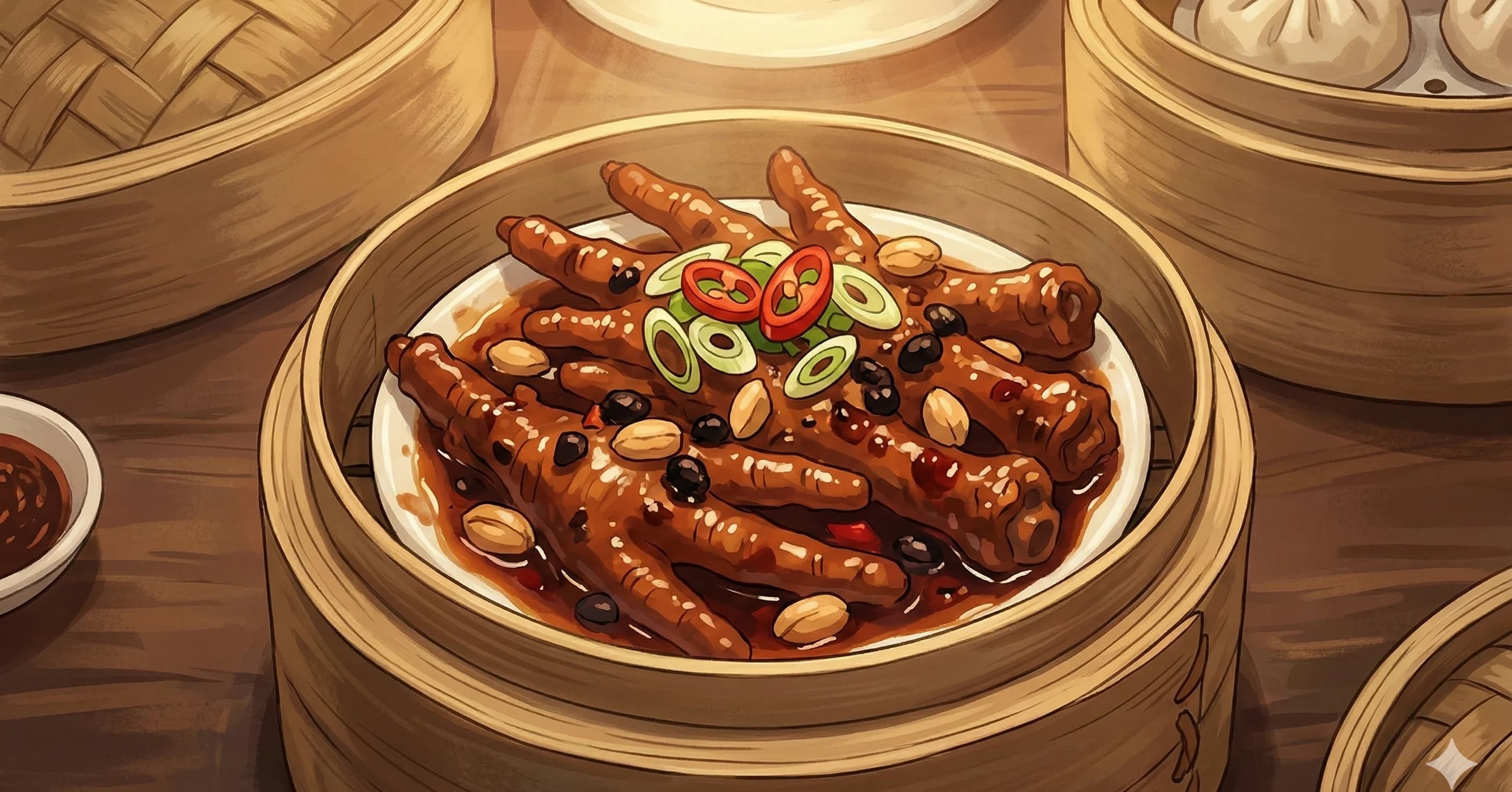 Chicken Feet (鳳爪) — Dim sum chicken feet parboiled, deep-fried for puffy texture, braised in black bean sauce with star anise and peanuts, then steamed