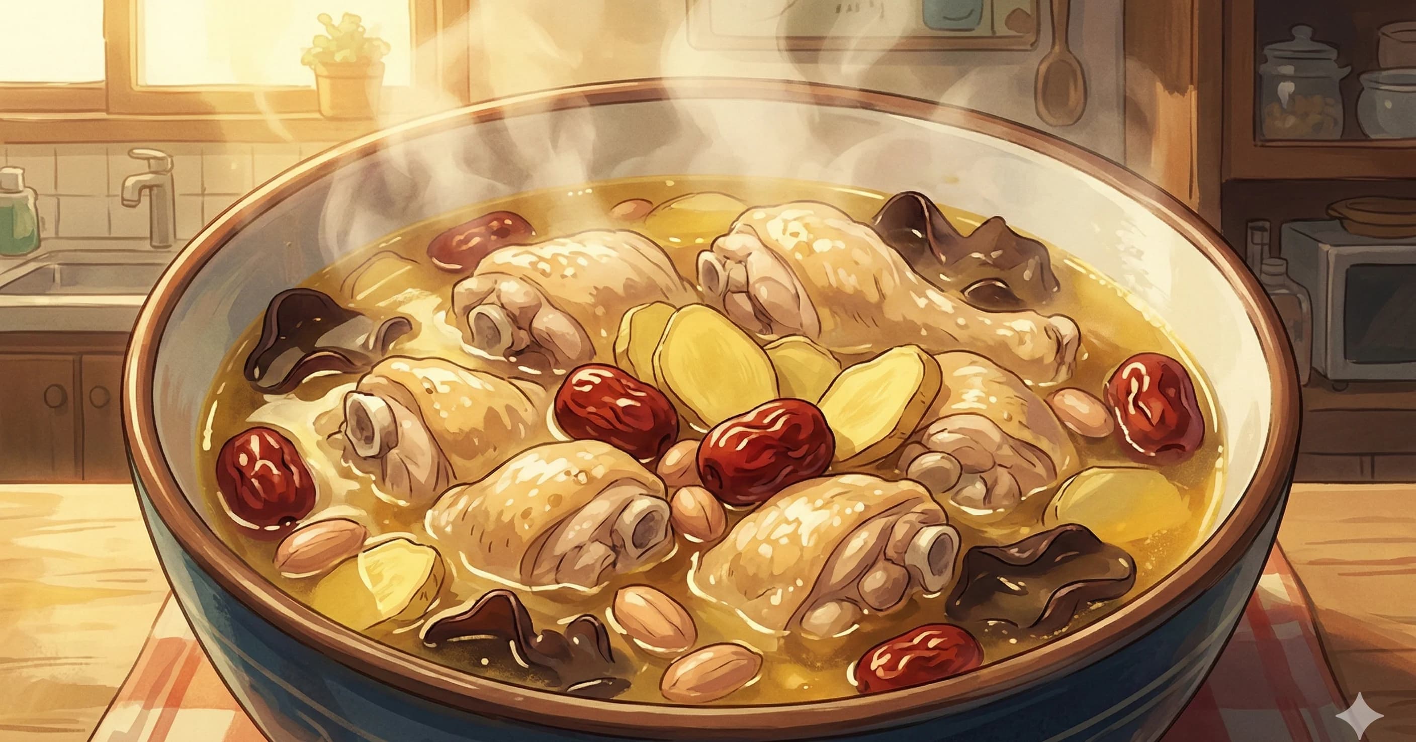 Chicken Ginger Rice Wine Soup (薑雞酒湯) — A traditional Chinese postpartum soup with whole chicken, ginger, rice wine, peanuts, wood ear mushroom, jujubes, and dried daylily