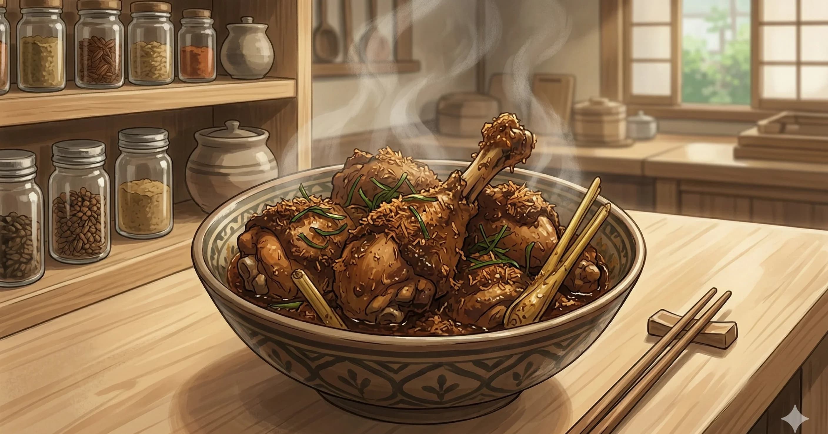 Chicken Rendang (Rendang Ayam) — A slow-simmered Malaysian coconut chicken stew cooked down to a dry, intensely fragrant paste of chilies, lemongrass, galangal, and toasted coconut