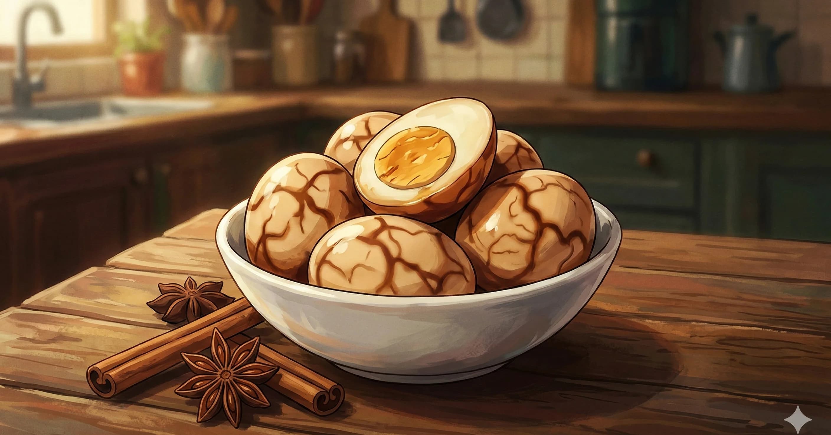 Chinese Tea Eggs (茶叶蛋) — Soft-boiled eggs marbled with a fragrant brine of black tea, star anise, cinnamon, and soy sauce, soaked overnight for deep flavor