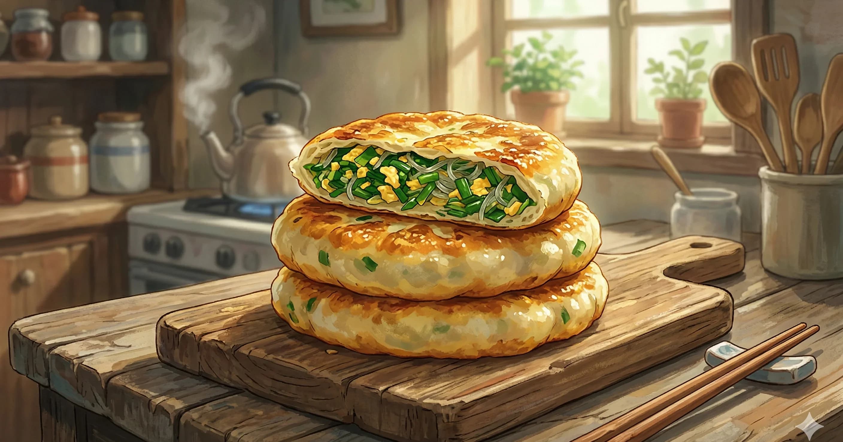 Jiu Cai He Zi (Chive Pancakes) — Crispy pan-fried flatbreads stuffed with Chinese chives, scrambled egg, and glass noodles