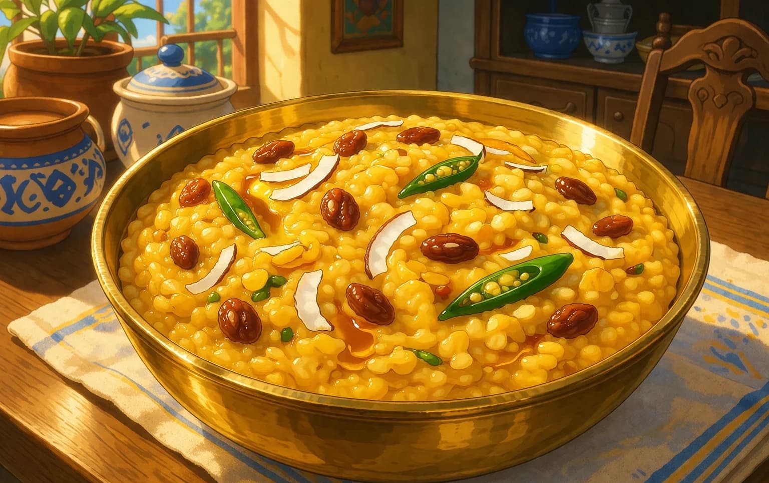 Cholar Dal Narkel Diye — Festive Bengal gram dal with fresh coconut, golden raisins, and whole spice fragrance