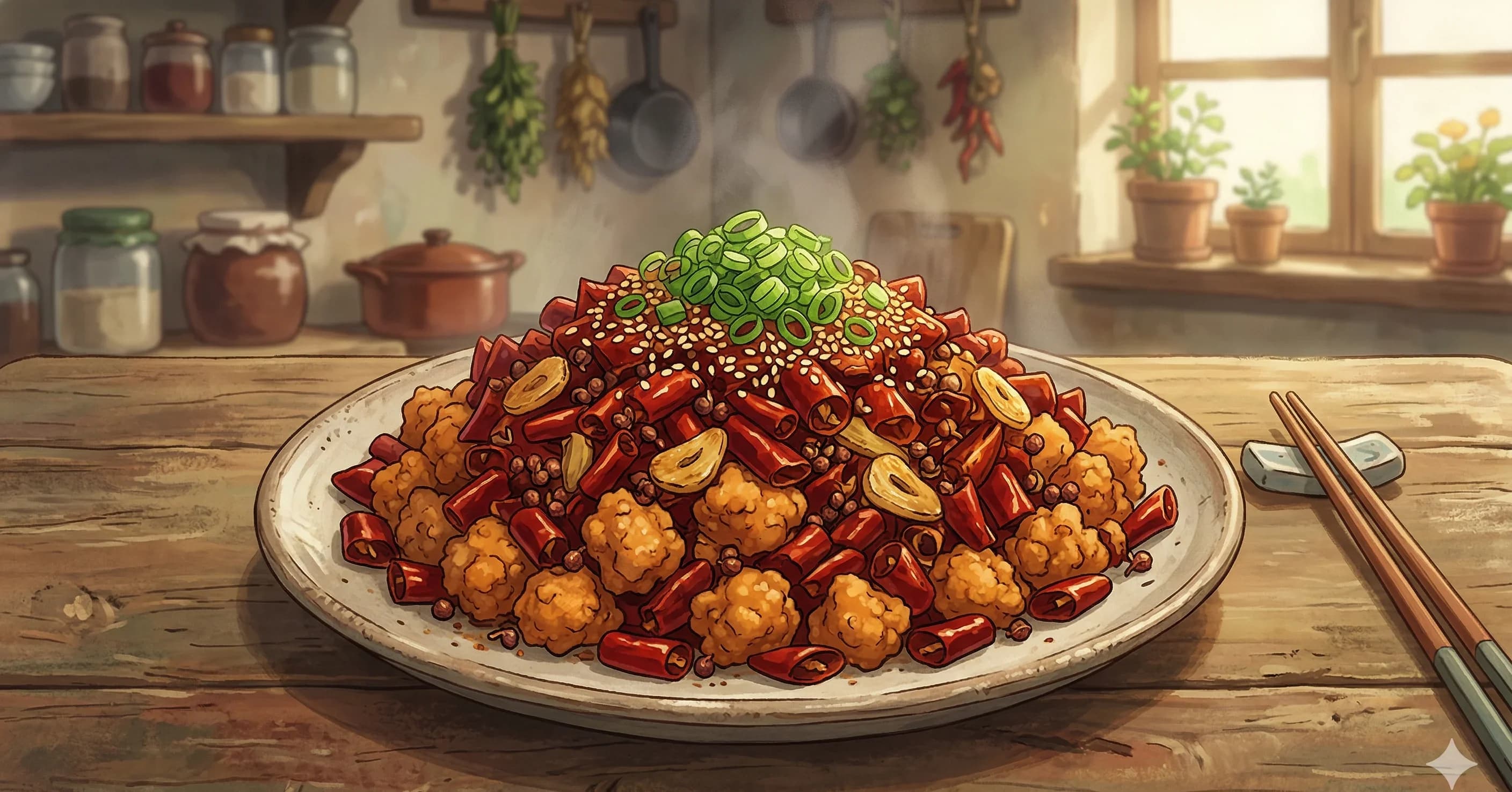 La Zi Ji (Chongqing Spicy Chicken) — Bite-sized crispy chicken pieces buried in a mountain of toasted dried chilies and Sichuan peppercorn