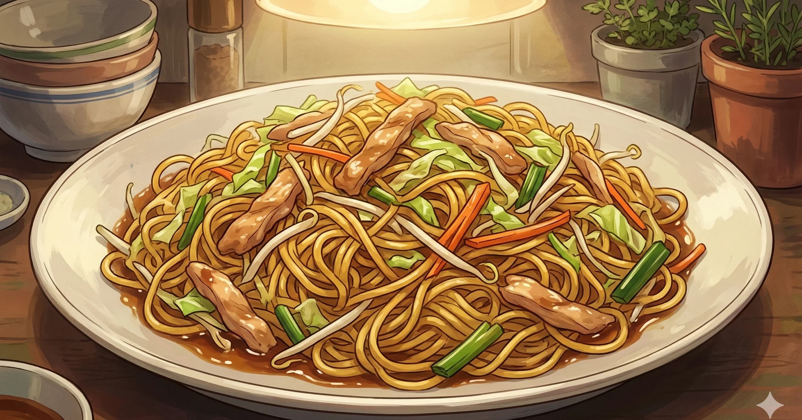 Chicken Chow Mein (鷄肉炒麵) — Thick egg noodles steamed then seared golden in a wok, tossed with chicken, cabbage, bean sprouts, and a soy-oyster sauce