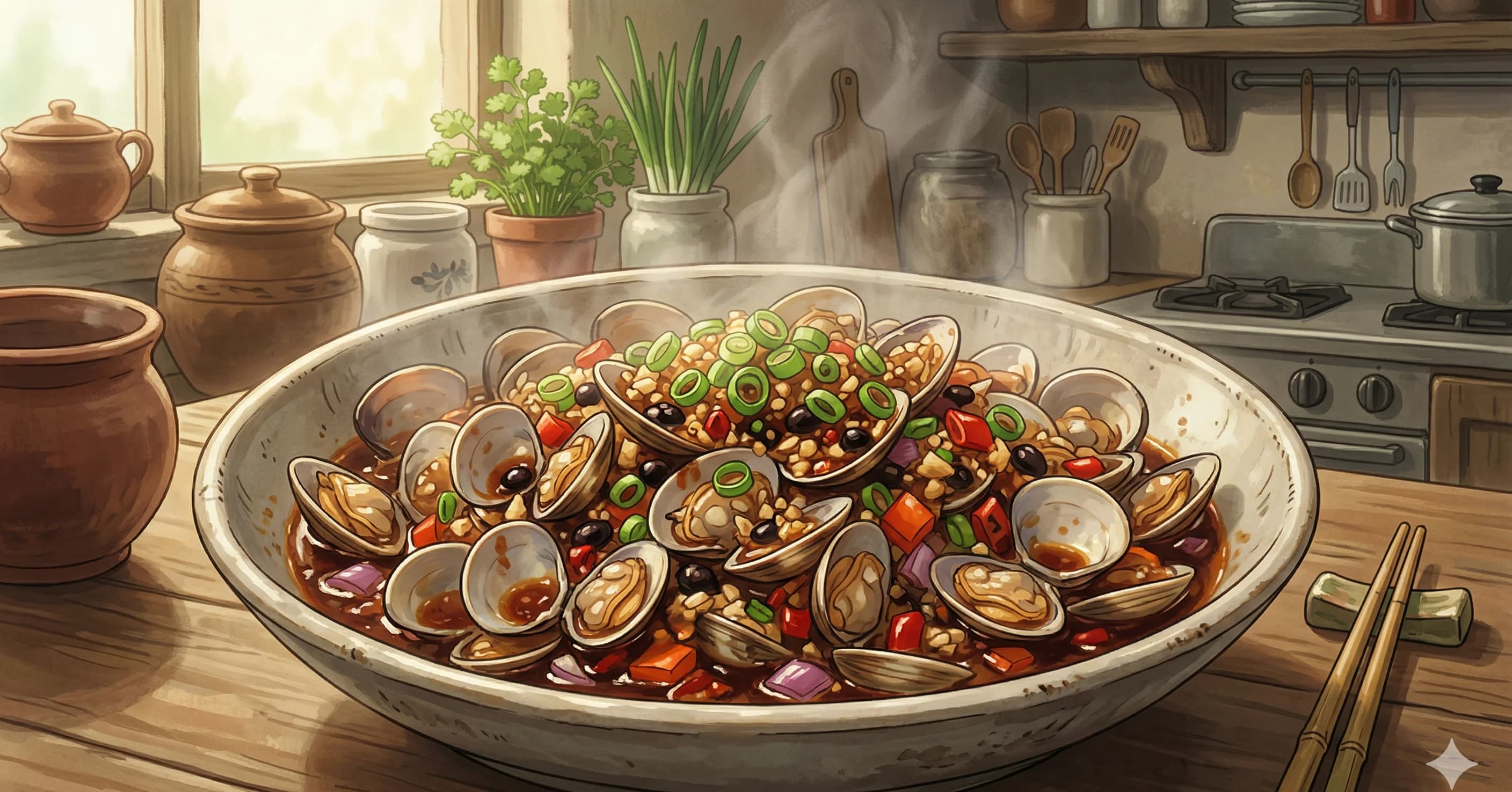 Clams in Black Bean Sauce (豉汁炒蜆) — Parboiled clams stir-fried with fermented black beans, garlic, ginger, and chili in a glossy Cantonese sauce