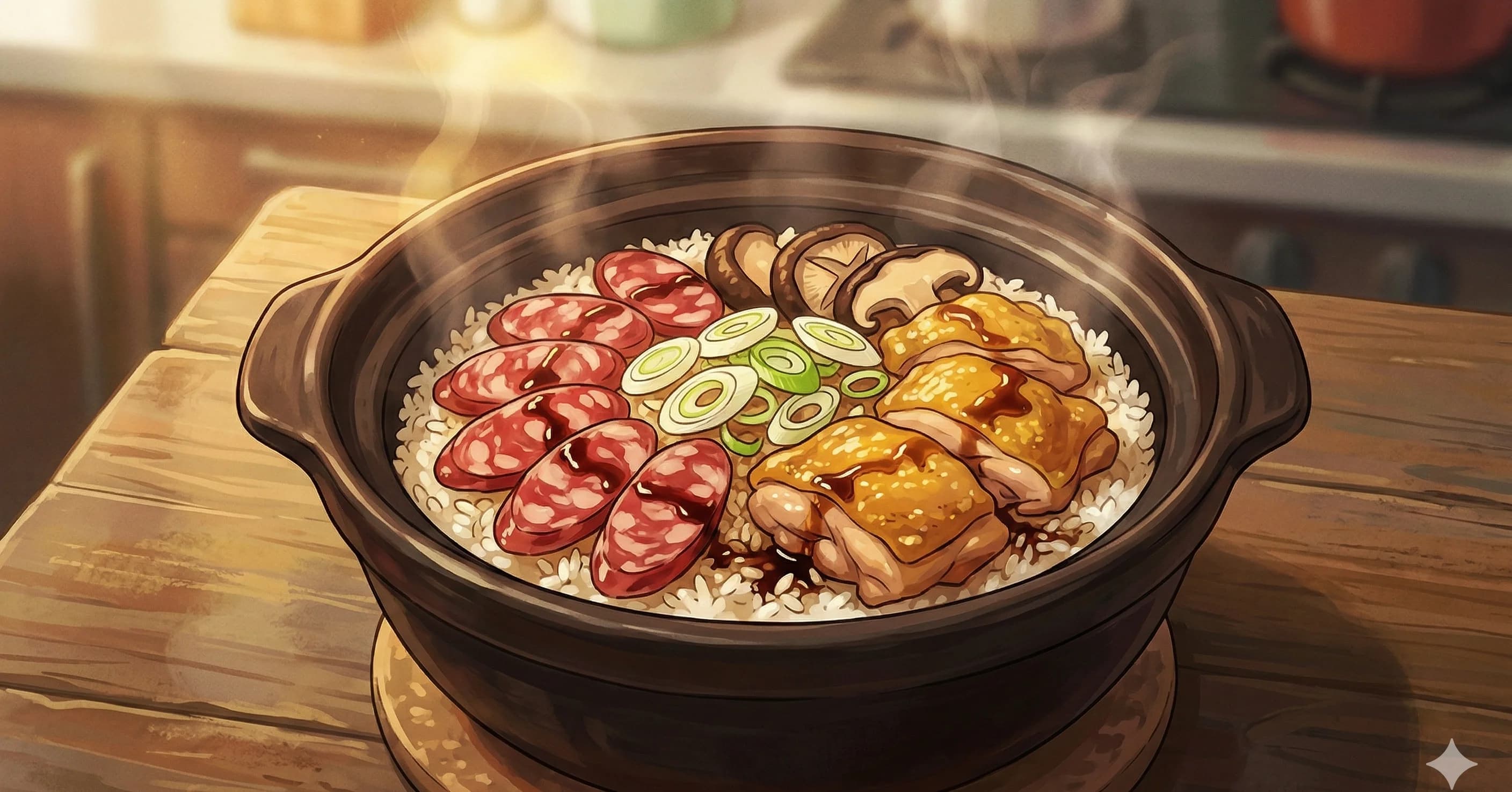 Bao Zai Fan (Claypot Rice) — Cantonese rice cooked in a clay pot with chicken, sausage, and a crackling golden crust