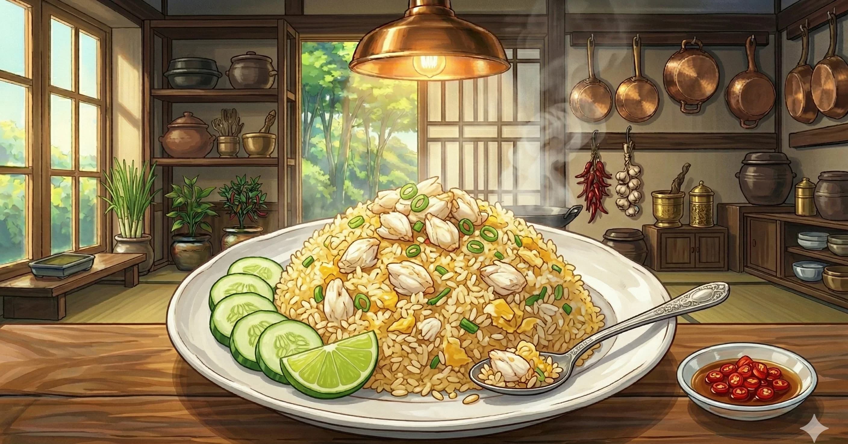 Thai Crab Fried Rice (ข้าวผัดปู) — Jasmine rice wok-fried with crab, garlic, Thai chilies, egg, and fish sauce, served with cucumber, lime, and fresh cilantro