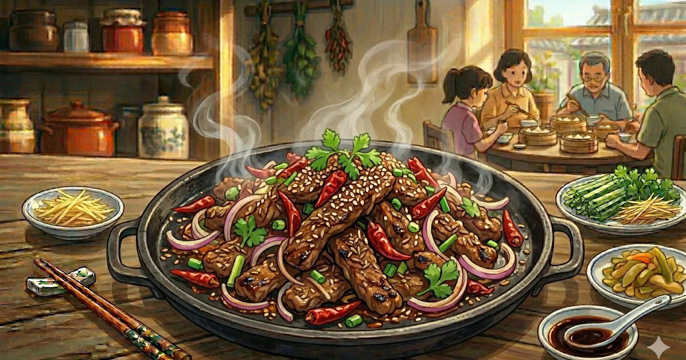 Zi Ran Yang Rou (Cumin Lamb) — Seared lamb tossed with toasted cumin, dried chilis, and fresh cilantro