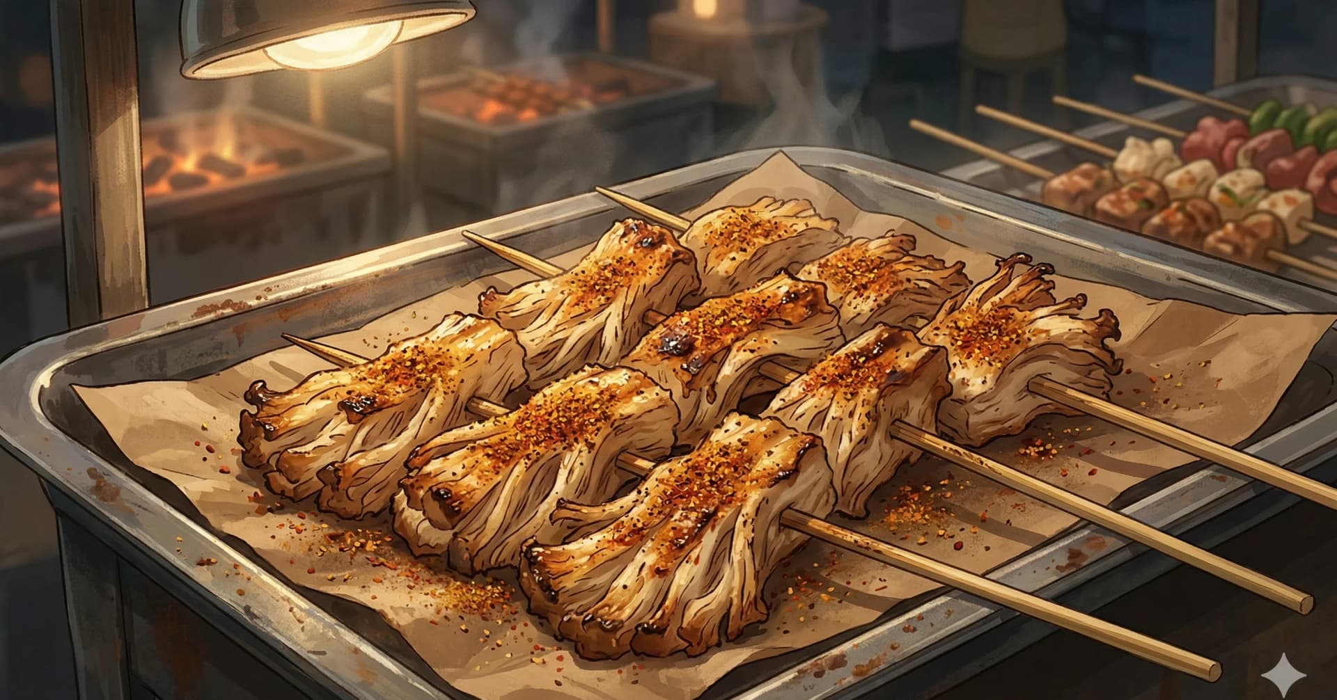 Cumin Lion's Mane Mushroom Skewers (Zi Ran Hou Tou Gu Chuan) — Xinjiang-inspired street food skewers where torn lion's mane mushrooms get a cumin-chili crust and a golden sear that mimics lamb kebabs