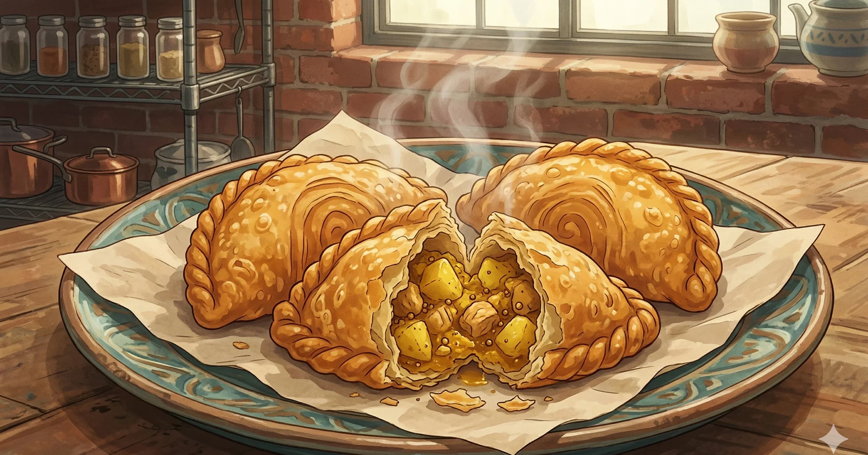 Curry Puff (Karipap) — Crisp, golden pastry parcels filled with curried potato, chicken, and a hard-boiled egg quarter