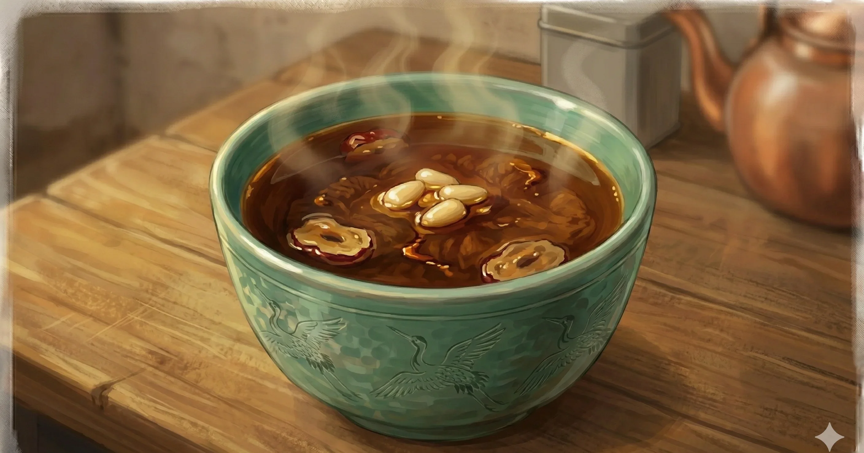 Daechu Cha (Jujube Tea) — A warm, naturally sweet tea made by simmering dried jujubes until they dissolve into a deep amber infusion