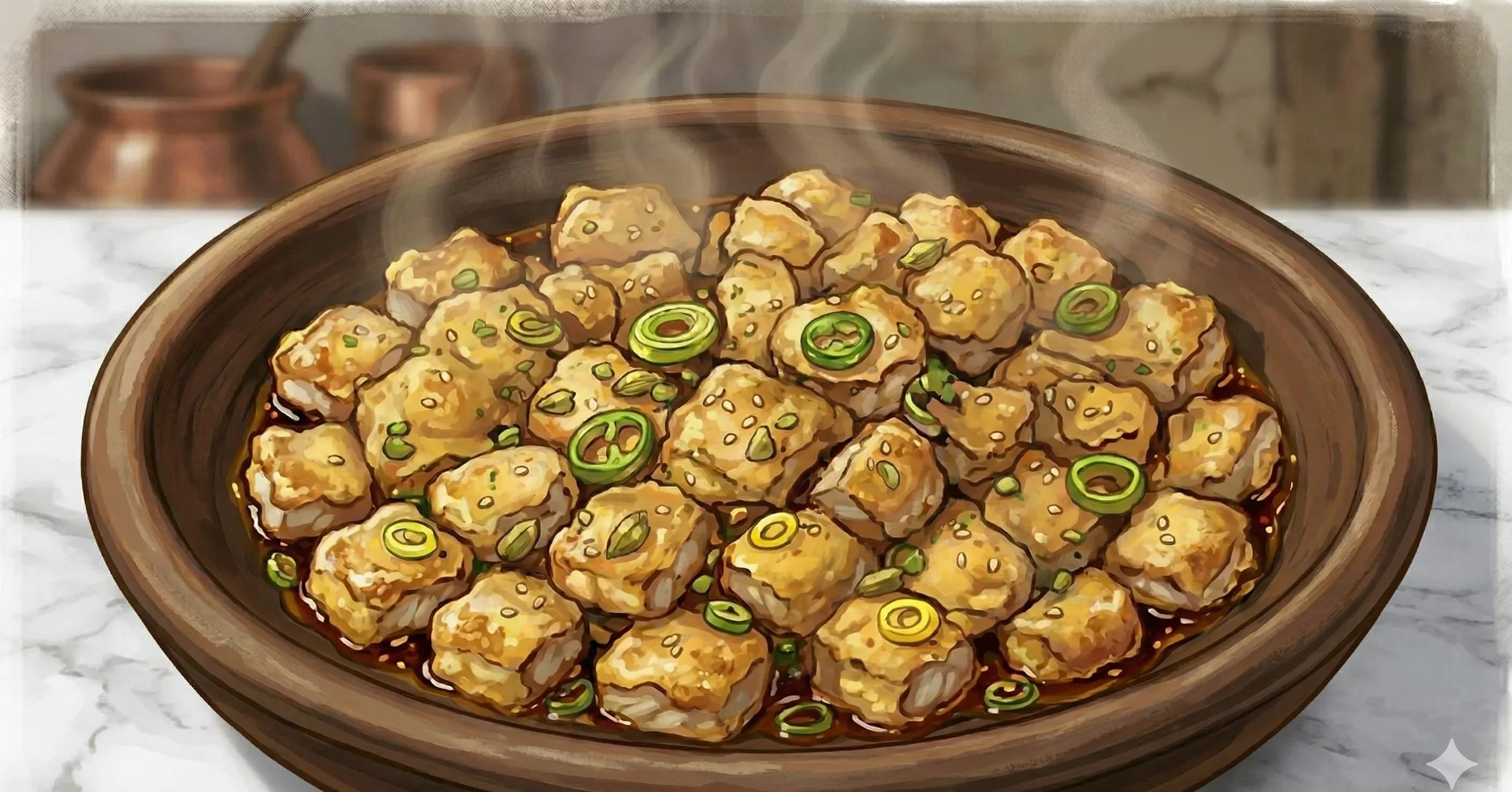 Daegu-jeon (대구전) — Korean pan-fried cod fillets coated in flour and egg batter with scallion and chili, served with a soy-vinegar dipping sauce