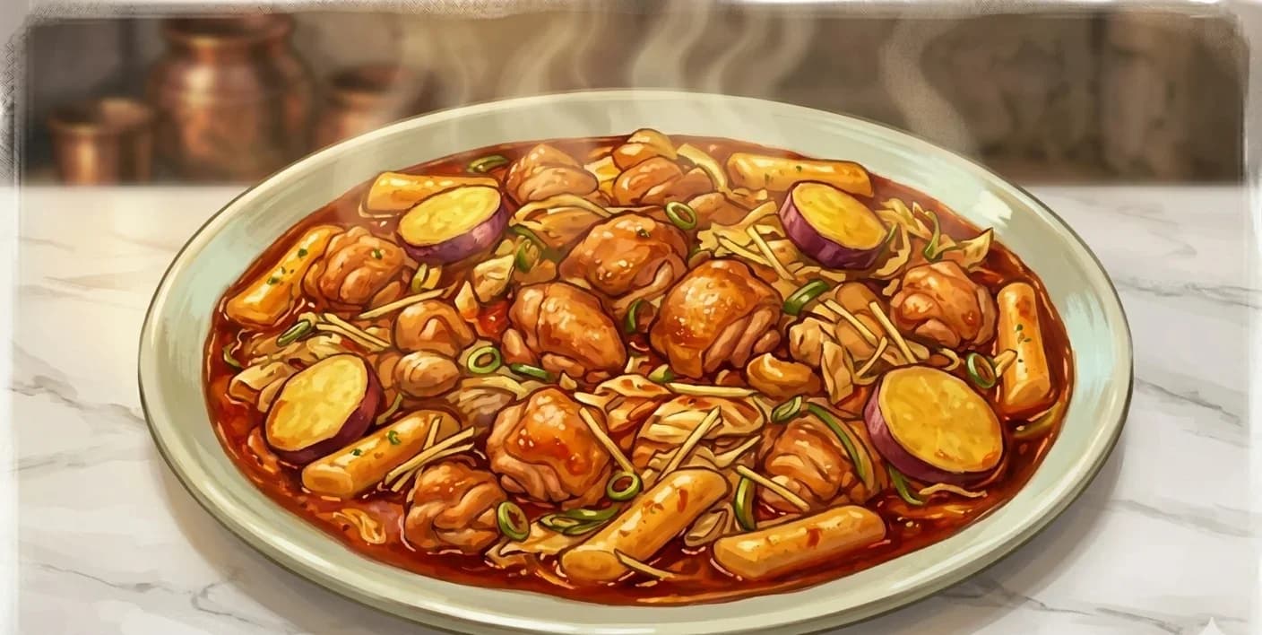 Dak Galbi (Spicy Stir-fried Chicken) — Chunky chicken thighs stir-fried in a fiery gochugaru sauce with rice cakes, sweet potato, and cabbage