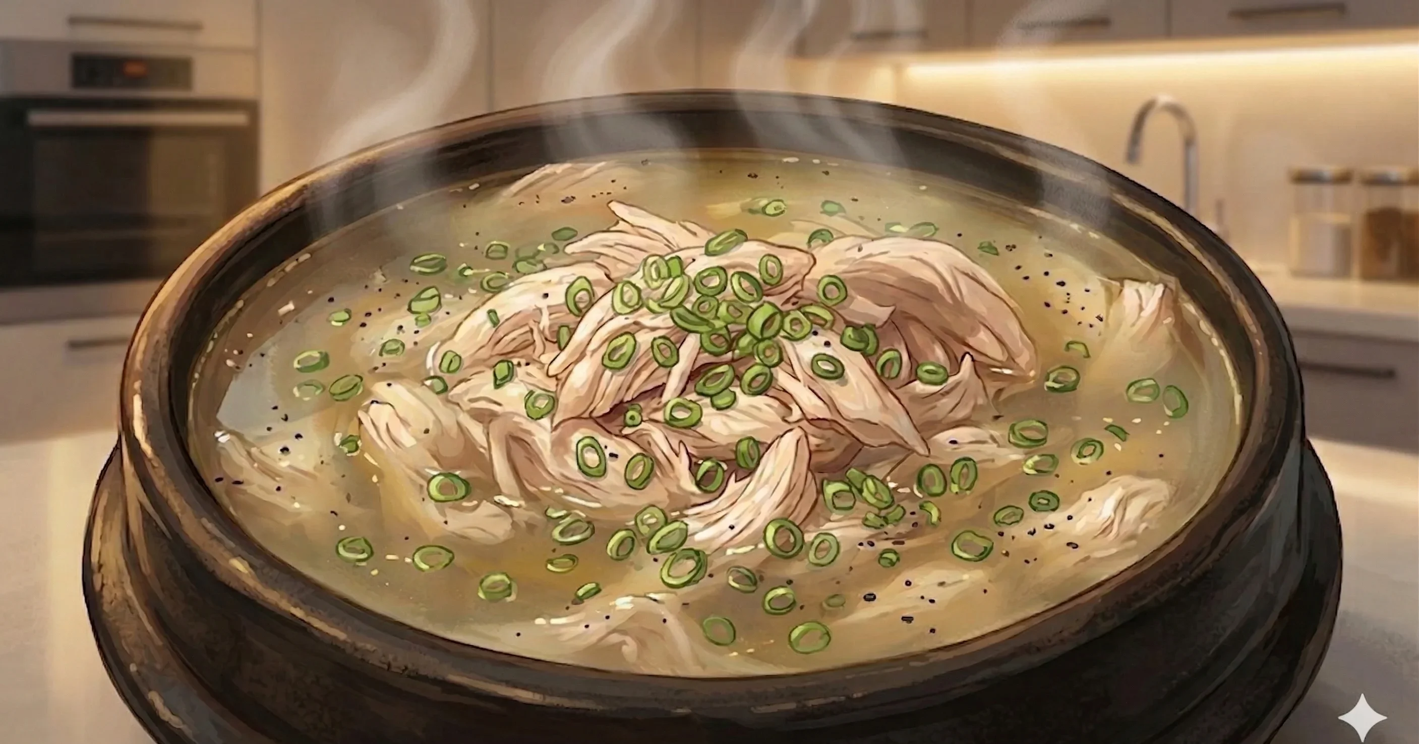 Dak Gomtang (Clear Chicken Soup) — A clean, pale chicken broth simmered with whole aromatics and served over rice with a fiery side sauce