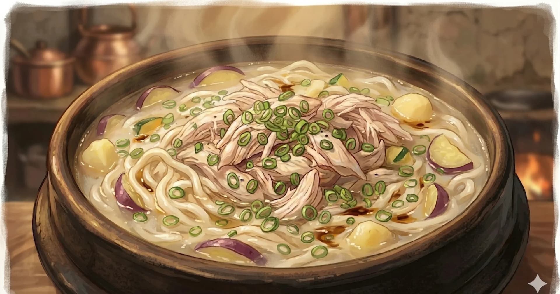 Dak Kalguksu (Sopa de Fideos Cortados a Cuchillo con Pollo) — Fideos de trigo cortados a mano en un caldo lechoso de pollo con calabacita y papas