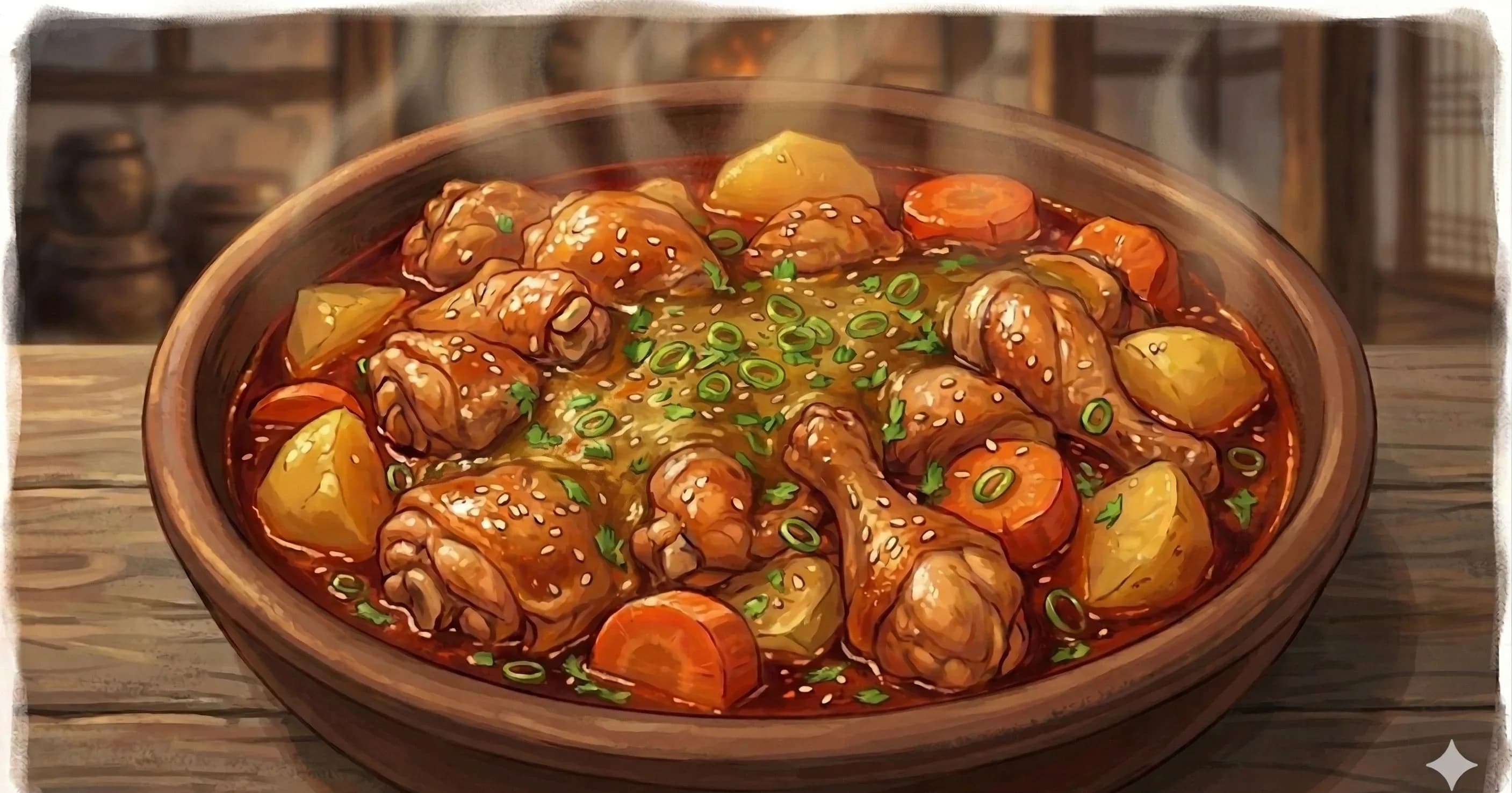 Dakdoritang (Pollo Estofado Picante) — Piezas de pollo con hueso estofadas en una salsa picante de gochugaru con papas, zanahorias y cebollas