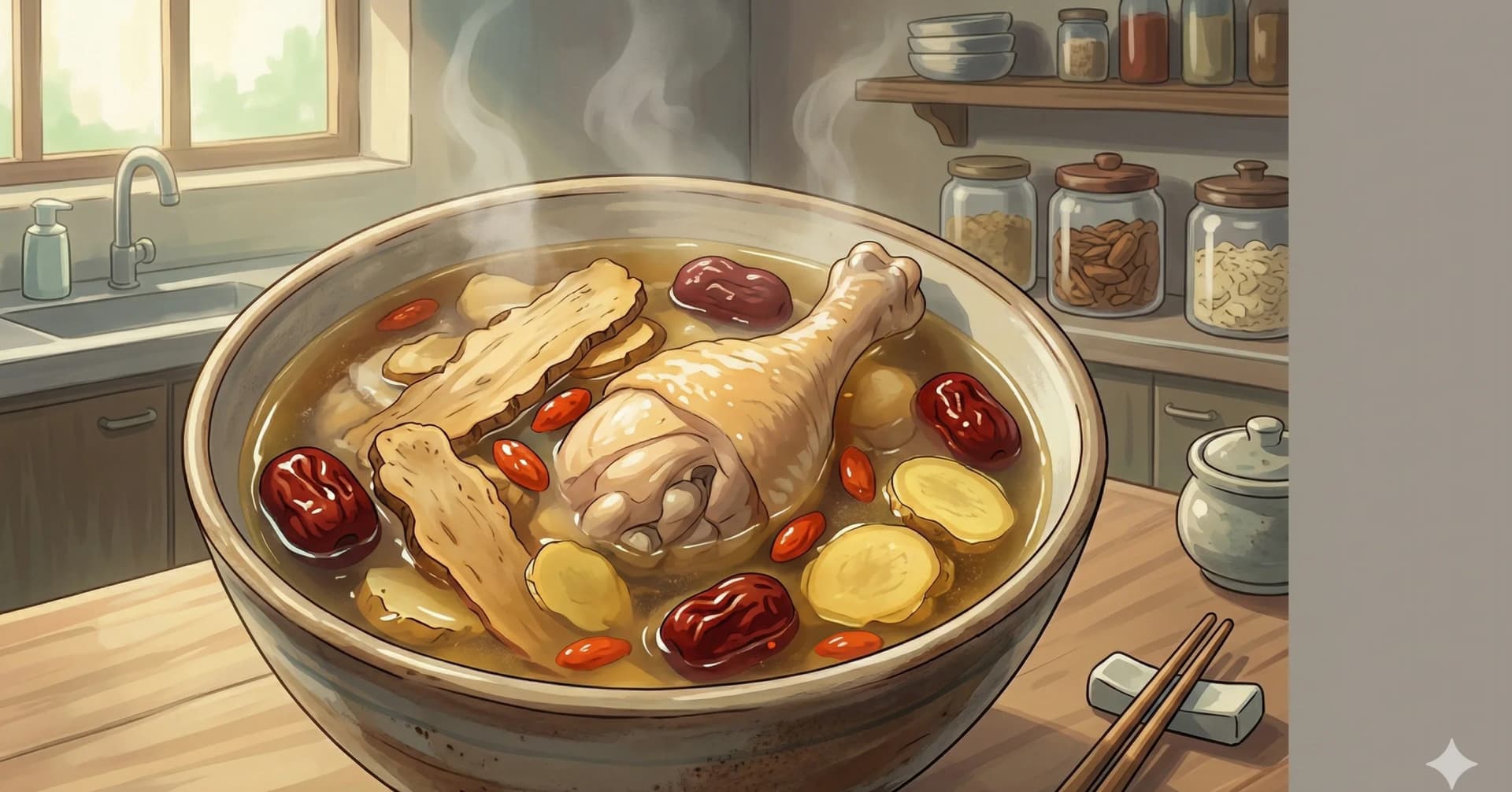 Dang Gui Ji Tang (Sopa de Pollo con Dang Gui) — Una nutritiva sopa herbal china de pollo, raíz de angélica, bayas de goji y dátiles jujube