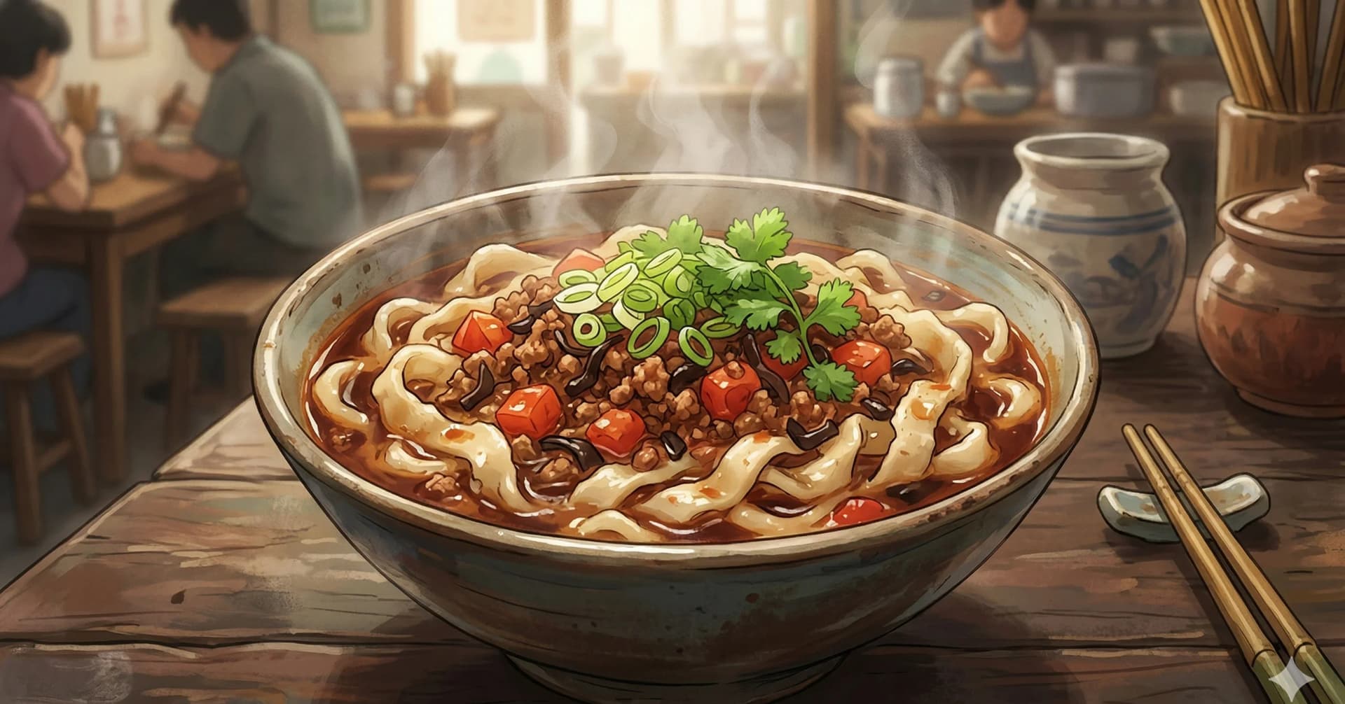 Dao Xiao Mian (Knife-Cut Noodles, 刀削面) — Thick, chewy hand-shaved noodles from Shanxi province served in a hearty meat sauce