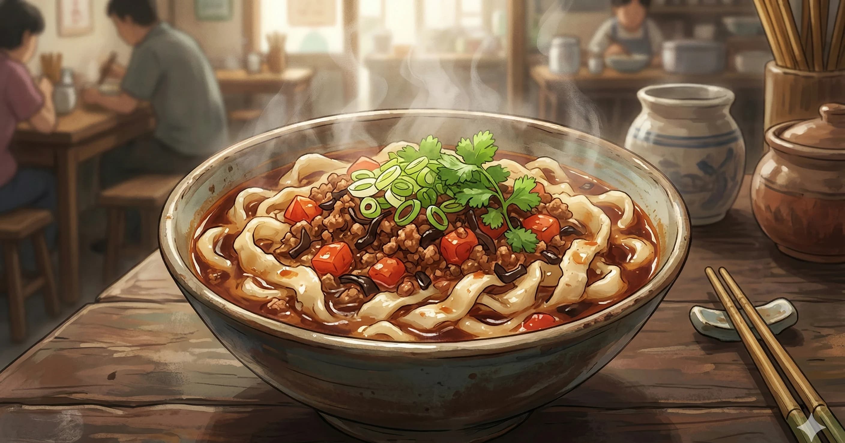 Dao Xiao Mian (Knife-Cut Noodles, 刀削面) — Thick, chewy hand-shaved noodles from Shanxi province served in a hearty meat sauce