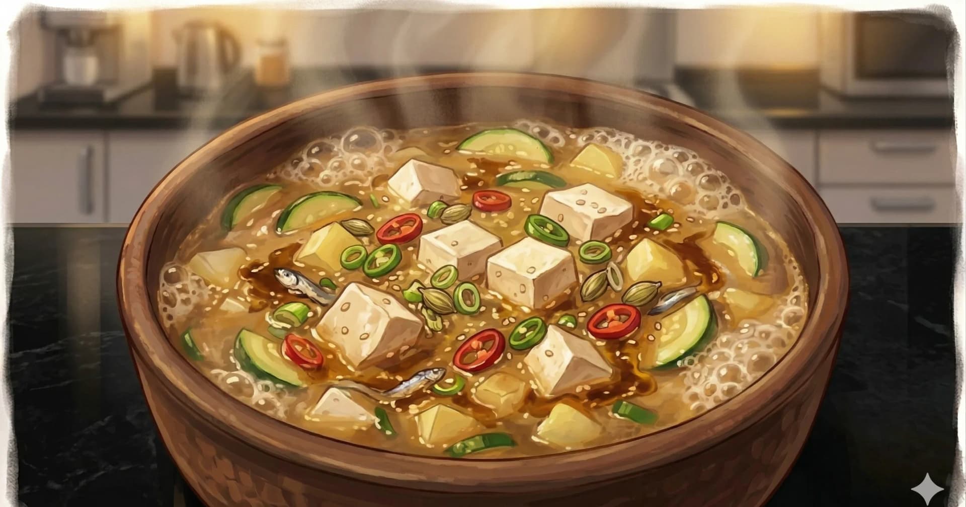 Doenjang-jjigae (된장찌개) — Guiso coreano de pasta de soya fermentada con papa, calabacita, tofu y camarones cocidos en un caldo de anchoas