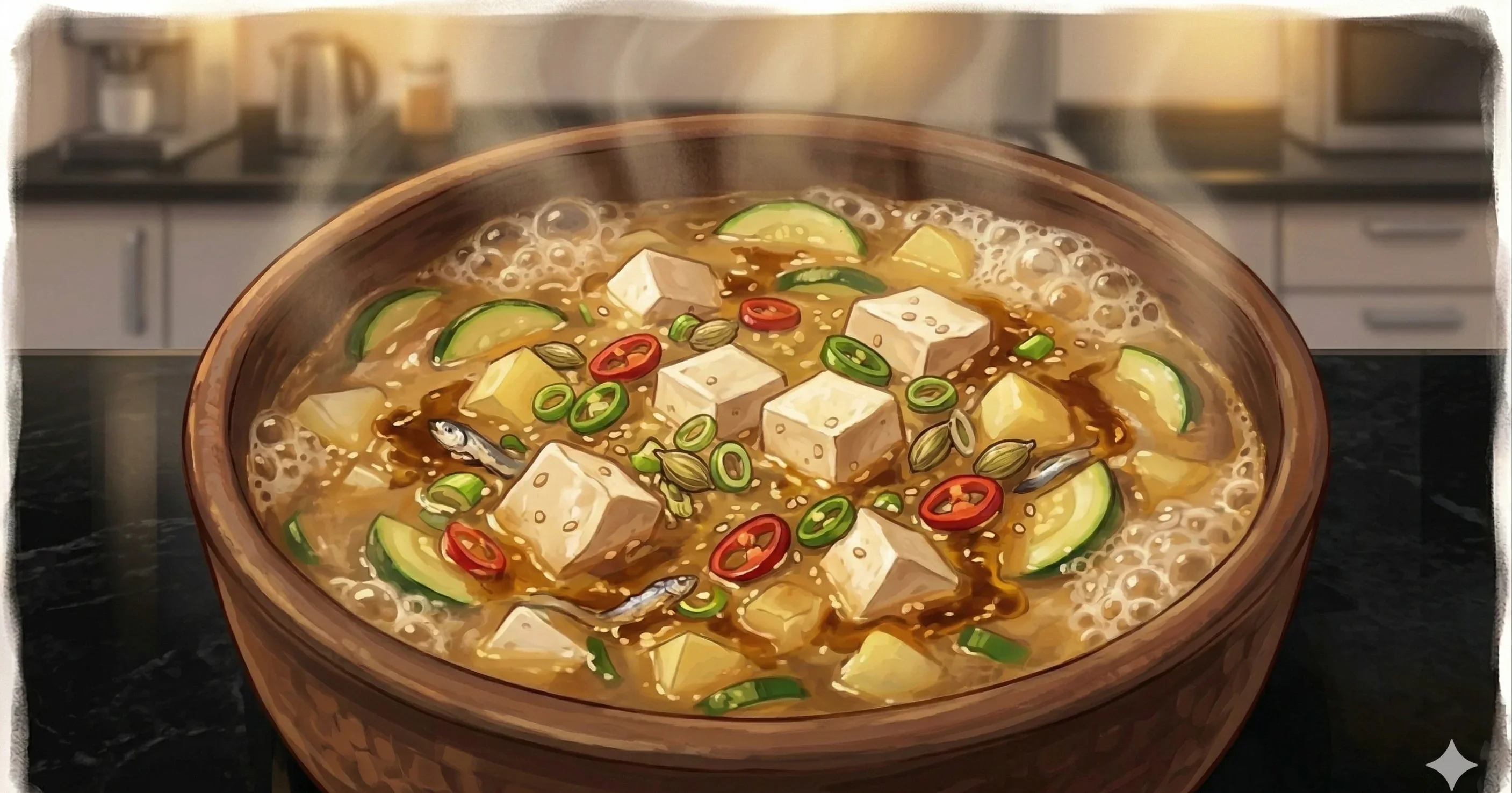 Doenjang-jjigae (된장찌개) — Korean fermented soybean paste stew with potato, zucchini, tofu, and shrimp simmered in an anchovy broth