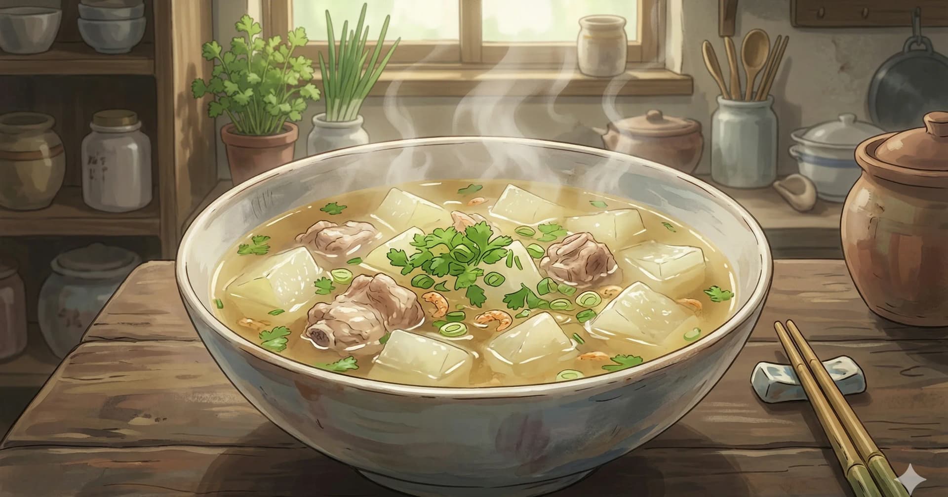 Dong Gua Tang (Winter Melon Soup) — A light, cooling broth where tender winter melon dissolves into pork-scented clarity