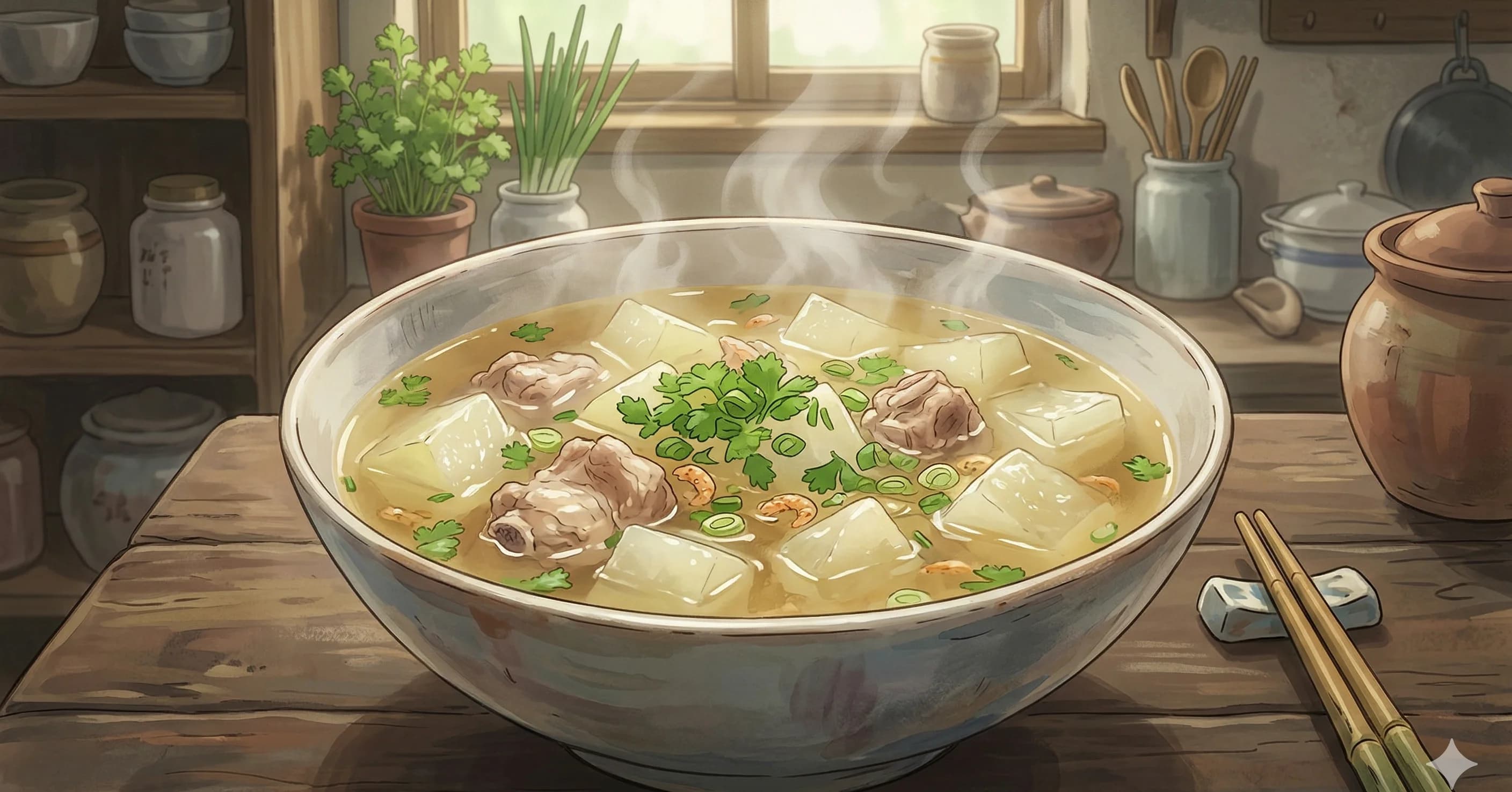 Dong Gua Tang (Winter Melon Soup) — A light, cooling broth where tender winter melon dissolves into pork-scented clarity