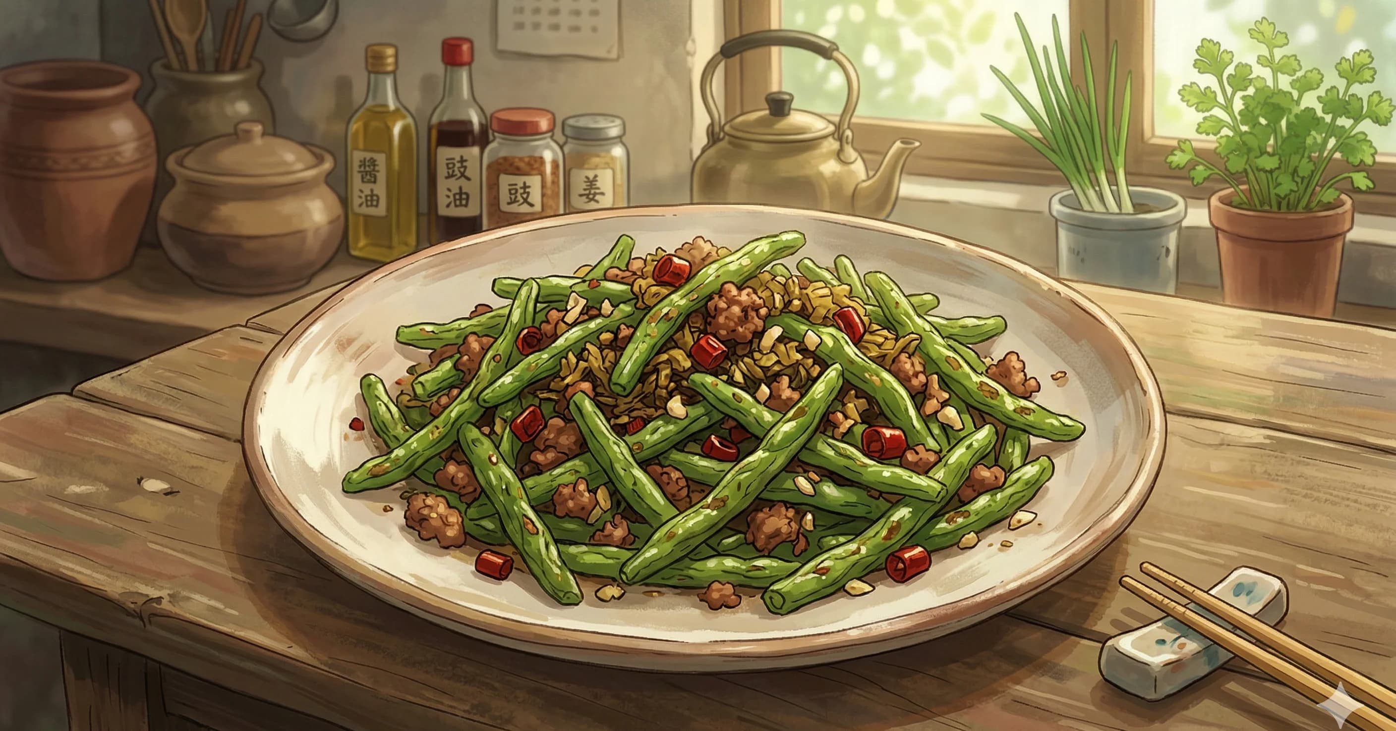 Gan Bian Si Ji Dou (Dry-Fried Green Beans) — Sichuan dry-fried green beans blistered in a wok with pork, preserved vegetables, and chili