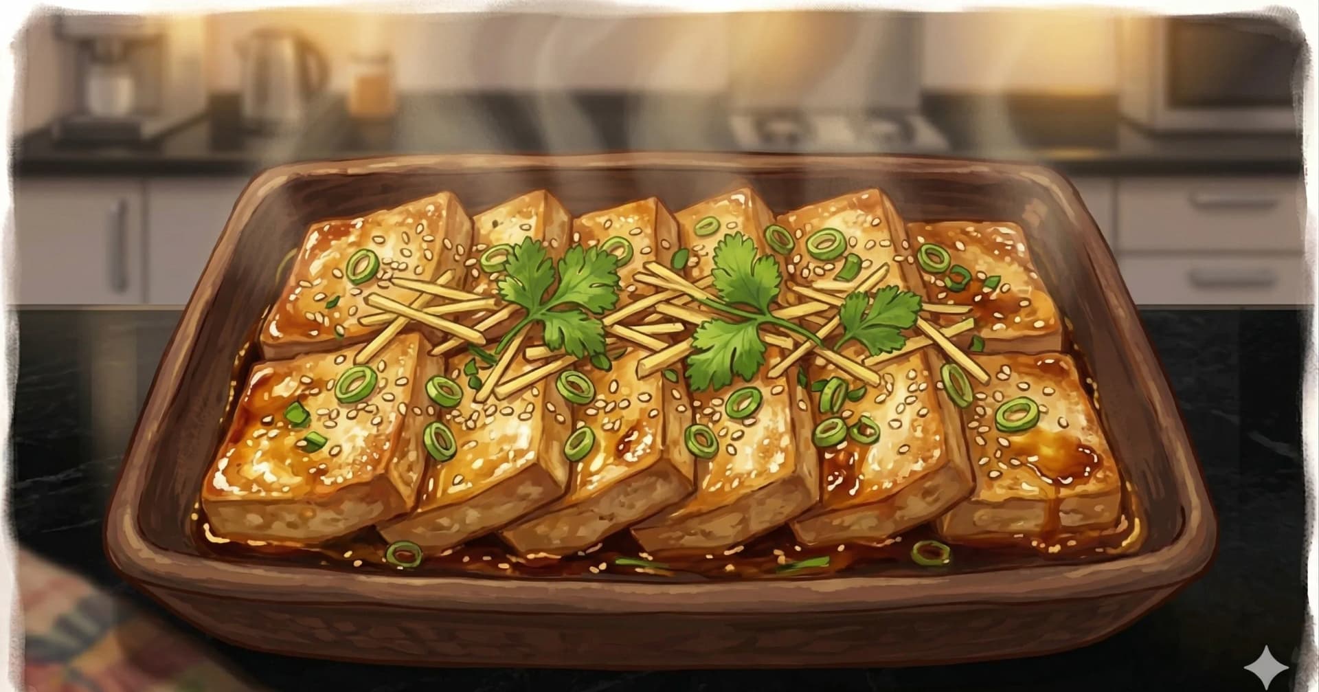 Braised Spicy Tofu (Dubu-jorim / 두부조림) — Firm tofu pan-fried golden then braised in a spicy soy-gochugaru sauce with garlic and scallions