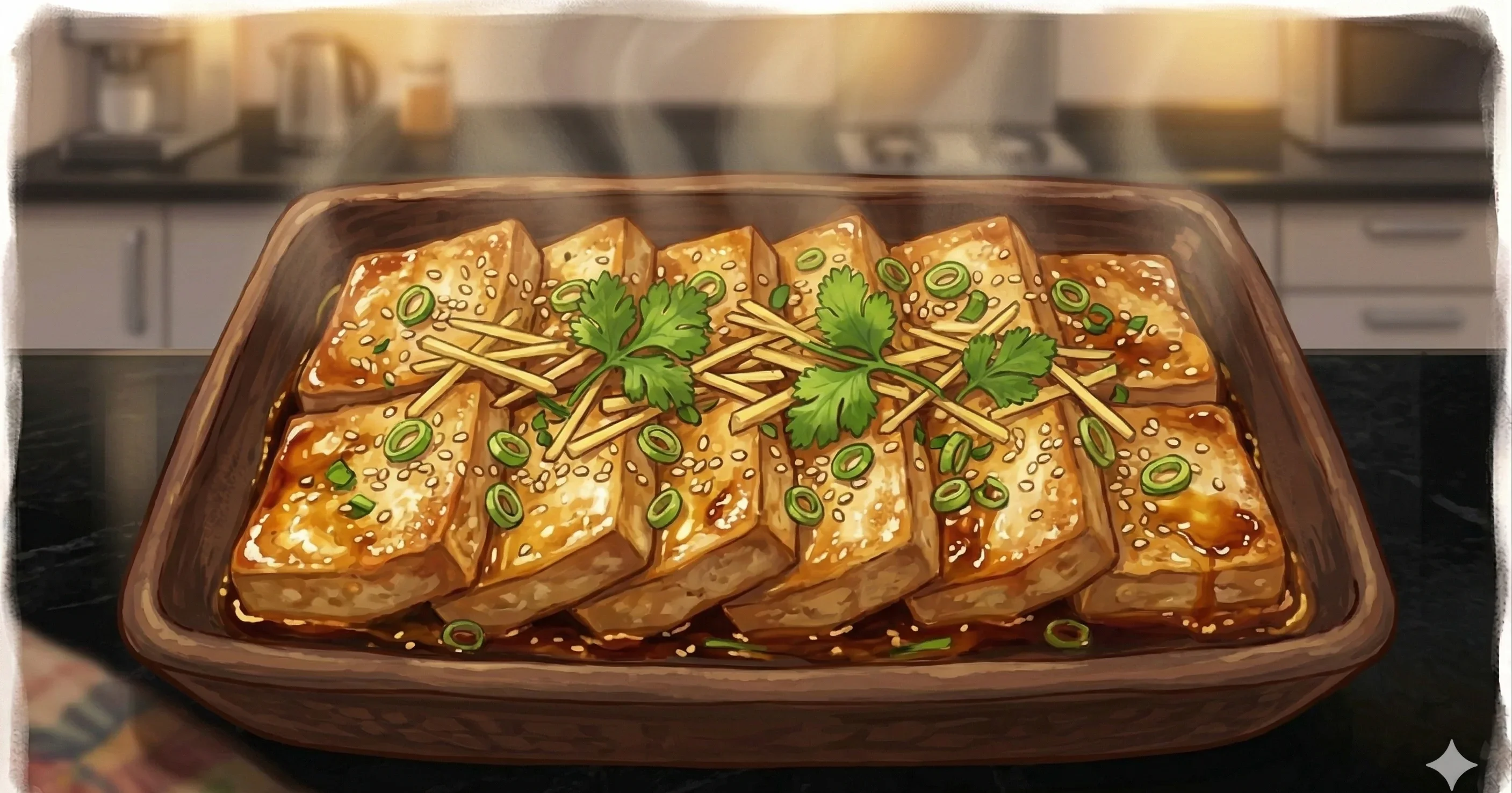 Dubu-jorim (두부조림) — Firm tofu pan-fried golden then braised in a spicy soy-gochugaru sauce with garlic and scallions