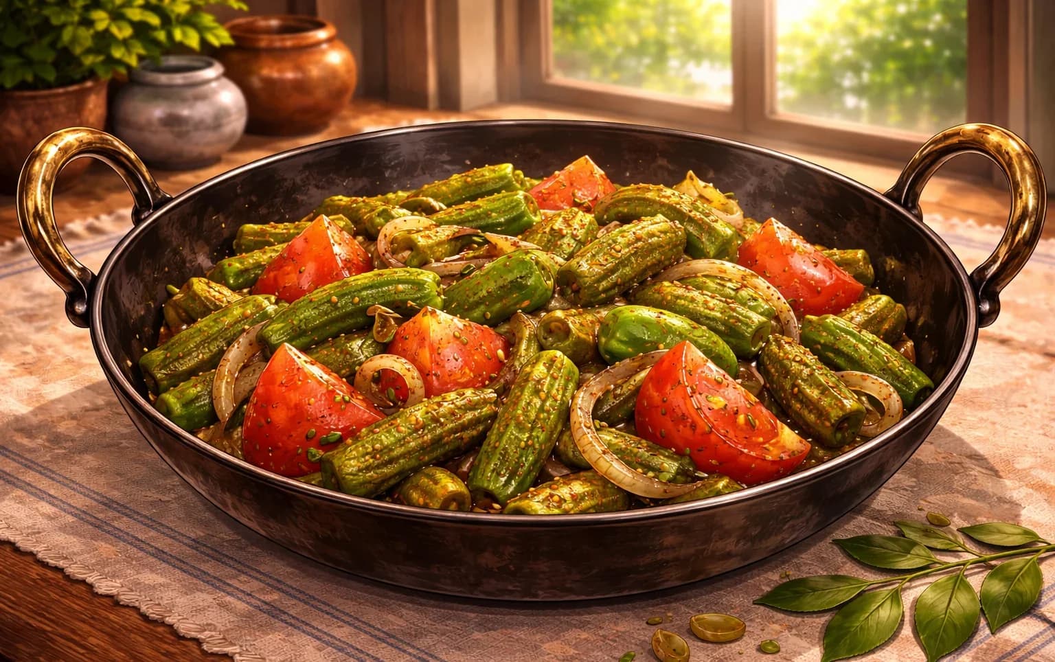 Slow-Cooked Okra (Dum Bhindi) — Okra with capsicum and tomato, sealed and slow-cooked with live coal