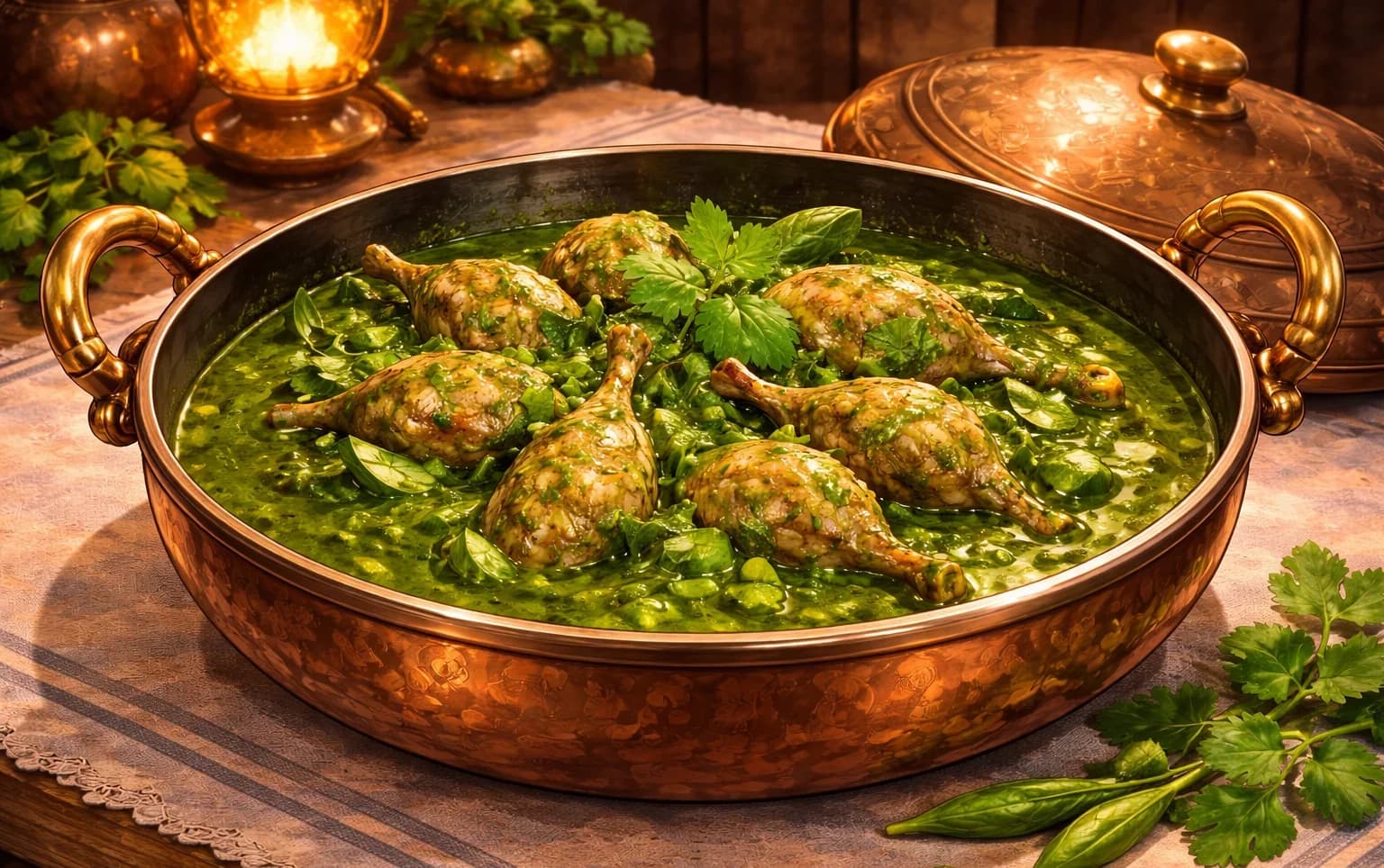Slow-Cooked Quail, Green Spices (Dum Ka Bateyr Hara Masala) — Quail in a vivid green herb-spinach sauce, finished on dum