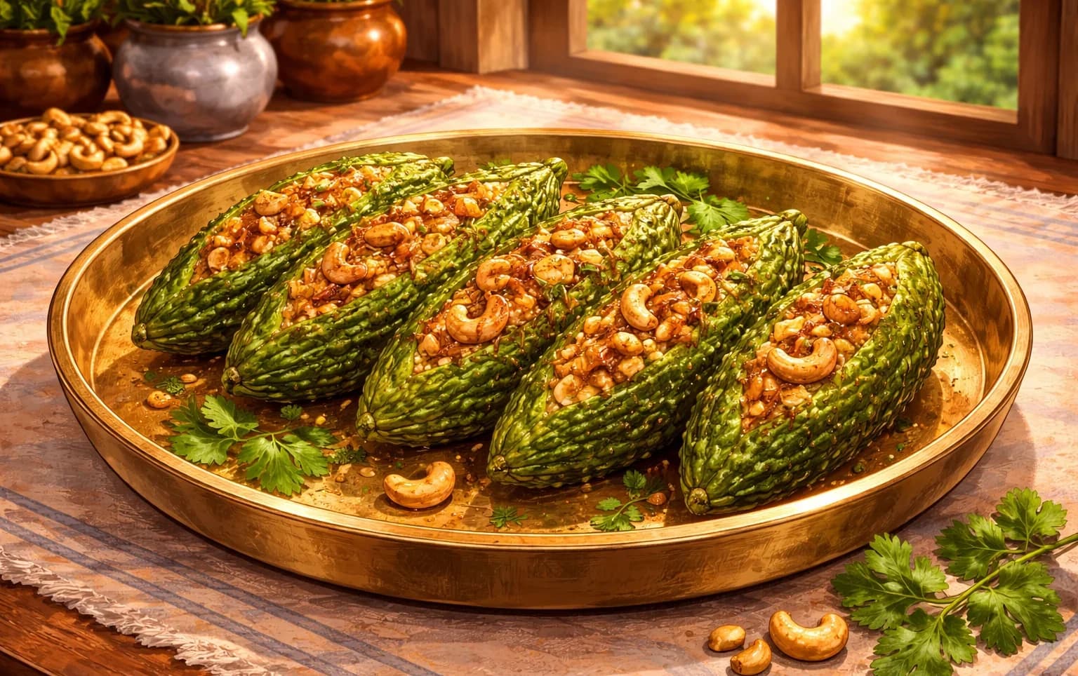 Slow-Cooked Bitter Melon (Dum Ke Kareley) — Bitter gourd stuffed with a spiced nut and seed filling, slow-cooked in a sealed pot