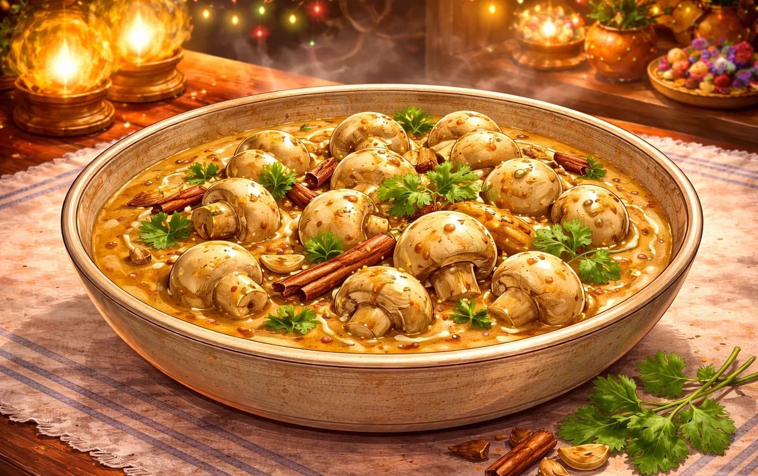 Slow-Cooked Mushrooms (Dum Ke Khumbh) — Button mushrooms sealed and slow-cooked in a spiced yogurt and brown onion marinade
