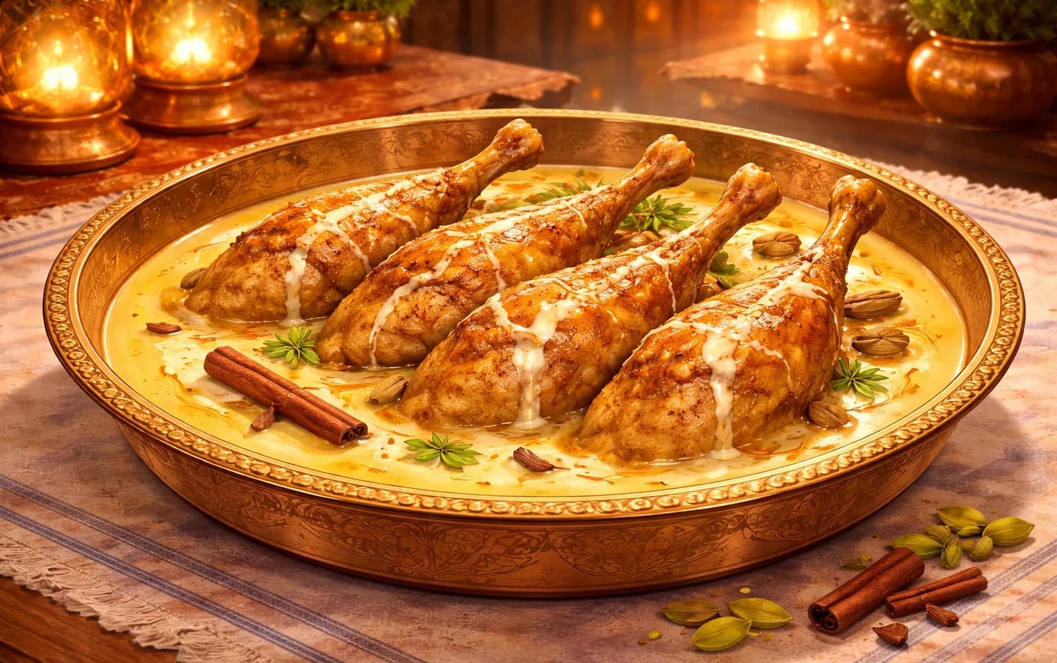 Slow-Cooked Duck (Dum Ki Batakh) — Duck legs marinated in saffron-scented yogurt, braised slow and sealed in a rich spiced gravy