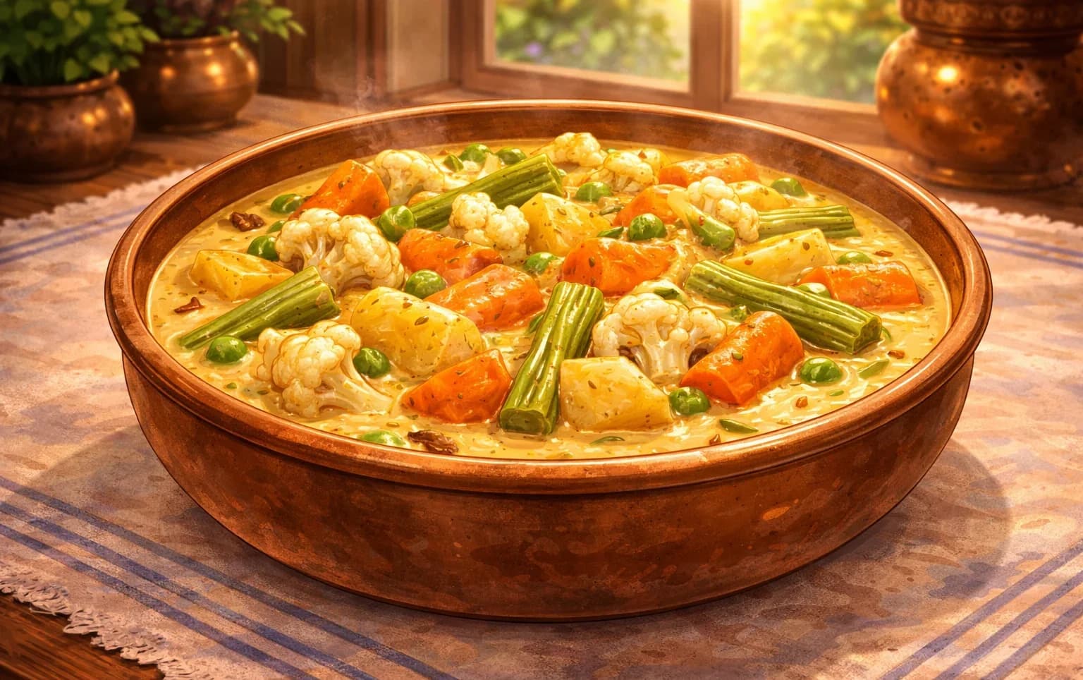 Slow-Cooked Vegetables (Dum Ki Subziyan) — A medley of blanched seasonal vegetables braised together in a spiced yogurt gravy
