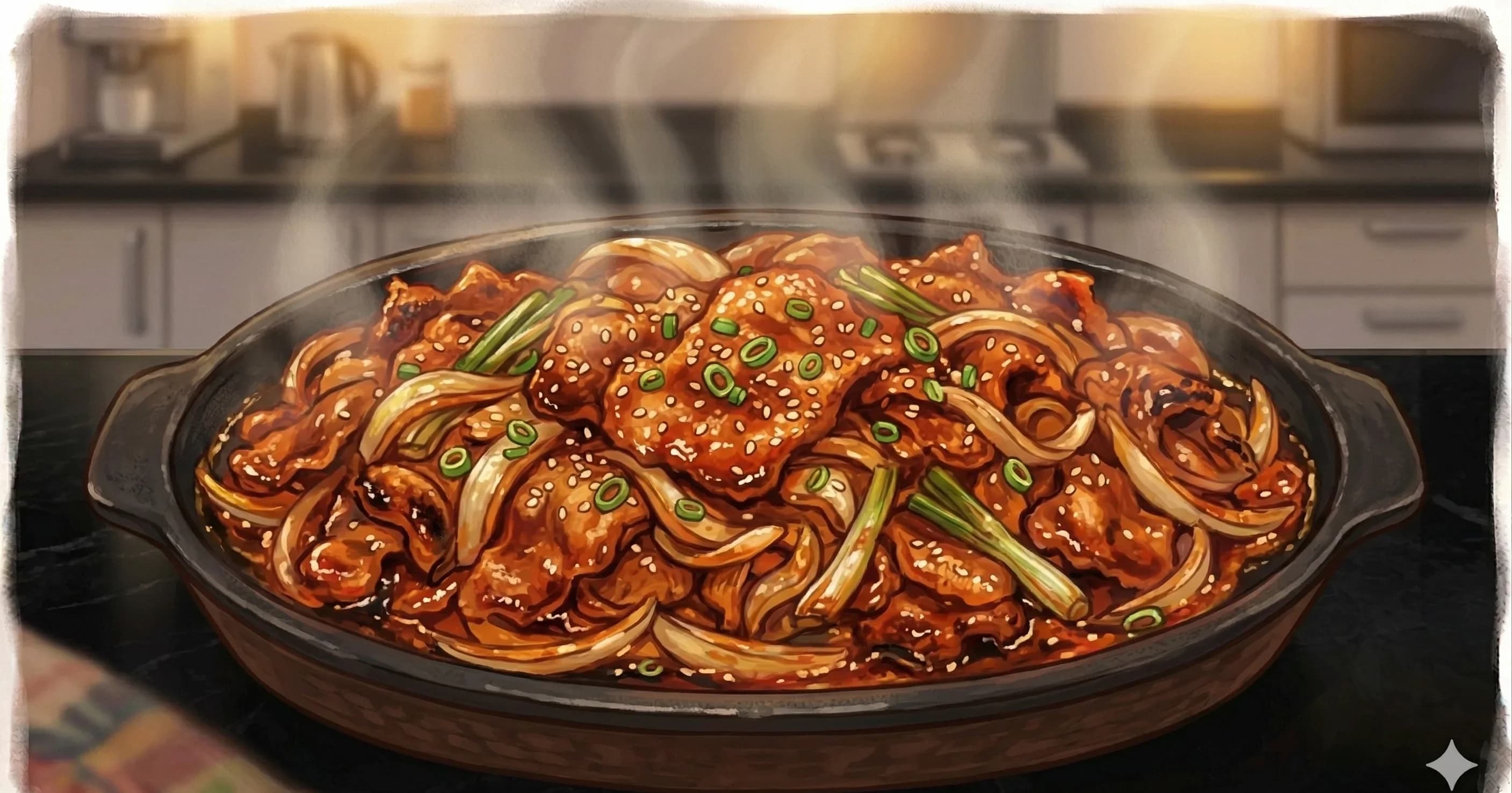 Dwaeji Bulgogi (돼지불고기) — Spicy pork bulgogi marinated in gochujang, Korean pear, and garlic, grilled or pan-fried and wrapped in lettuce with ssamjang