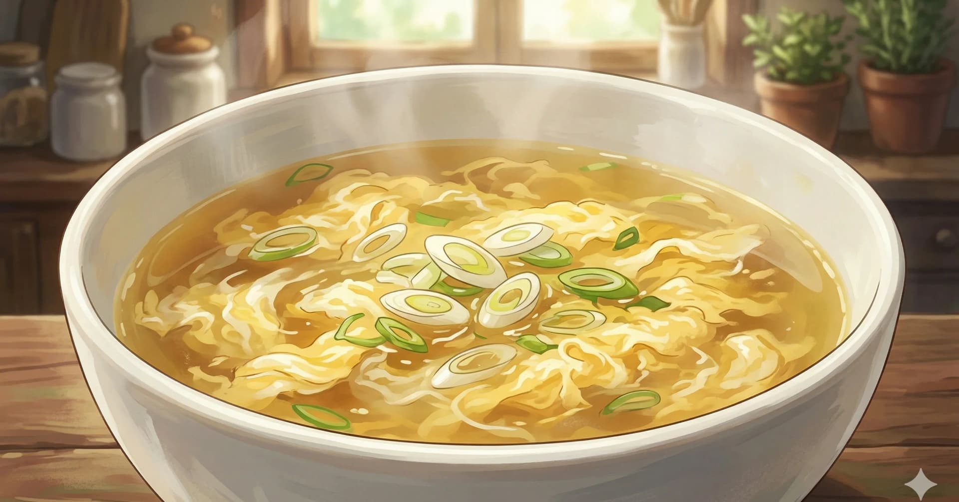 Sopa de Huevo (蛋花汤) — Una sopa china lista en cinco minutos con suaves cintas de huevo en caldo de pollo sazonado, espesado con fécula de maíz y terminado con pimienta blanca y aceite de ajonjolí