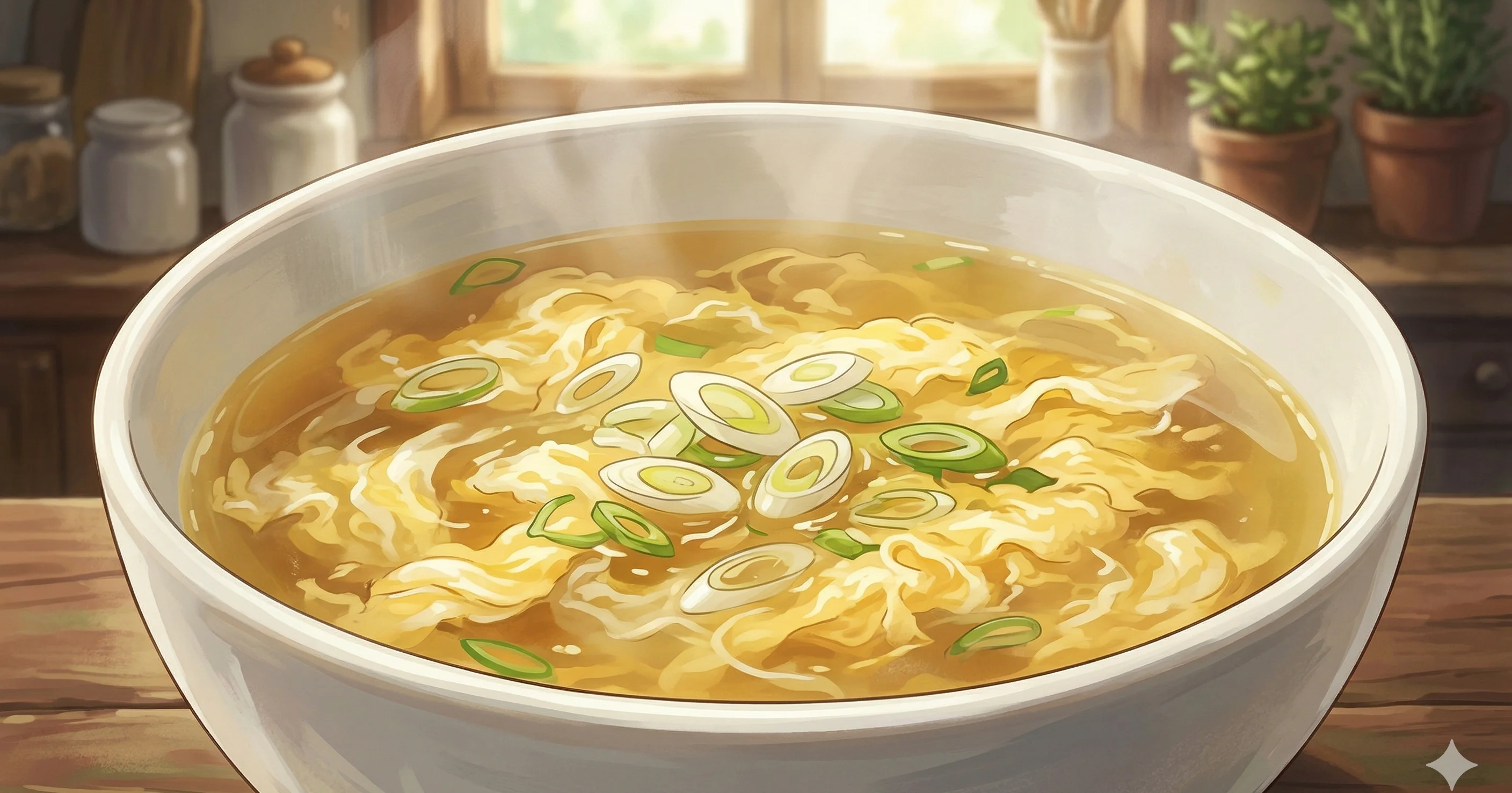 Egg Drop Soup (蛋花汤) — A five-minute Chinese soup of silky egg ribbons in seasoned chicken broth, thickened with cornstarch and finished with white pepper and sesame oil