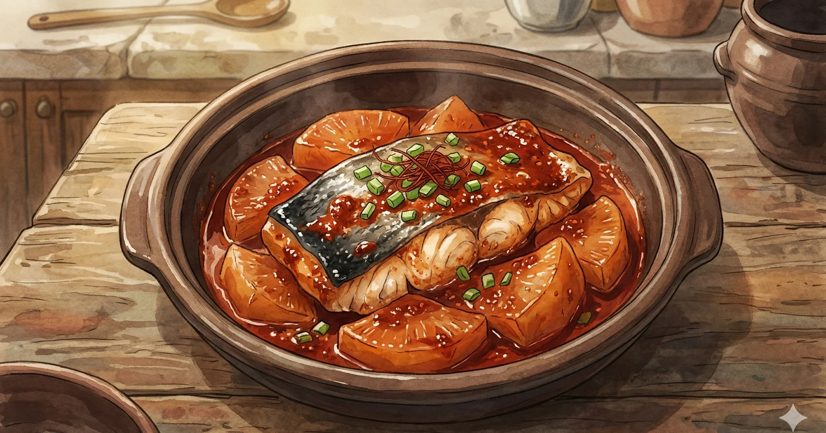 Eundaegu-jorim (은대구조림) — Black cod braised Korean-style with radish, gochugaru, and soy sauce in a spicy-savory sauce
