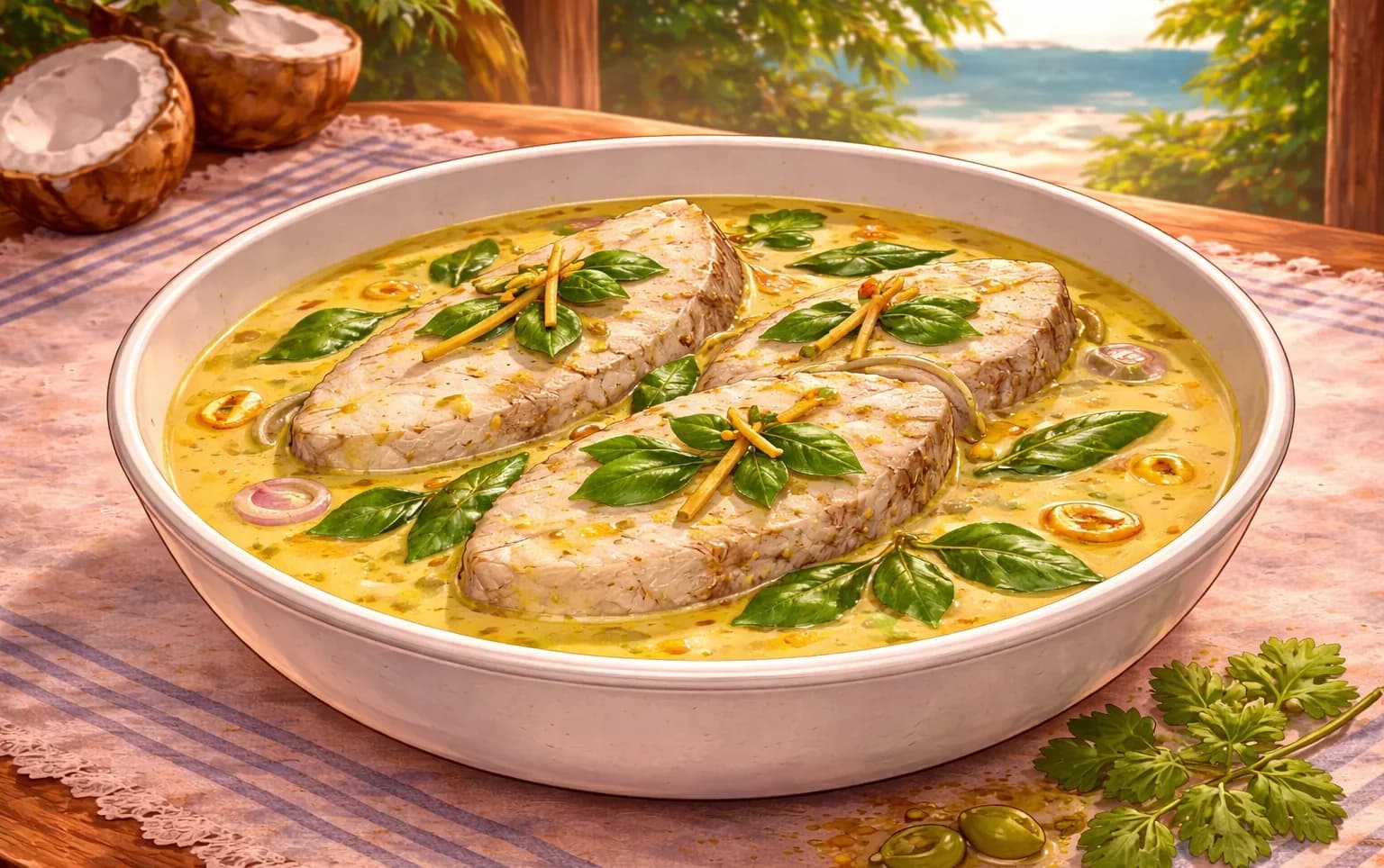 Fish Moilee — Delicados filetes de pescado pochados en un caldo dorado de leche de coco y cúrcuma