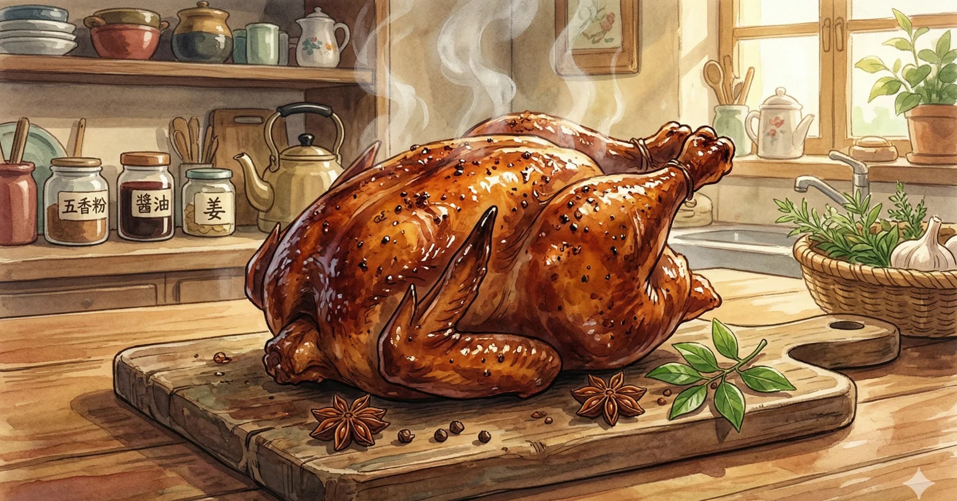 Pollo Asado con Cinco Especias — Un pollo entero al horno perfumado con cinco especias chinas, soya y jengibre