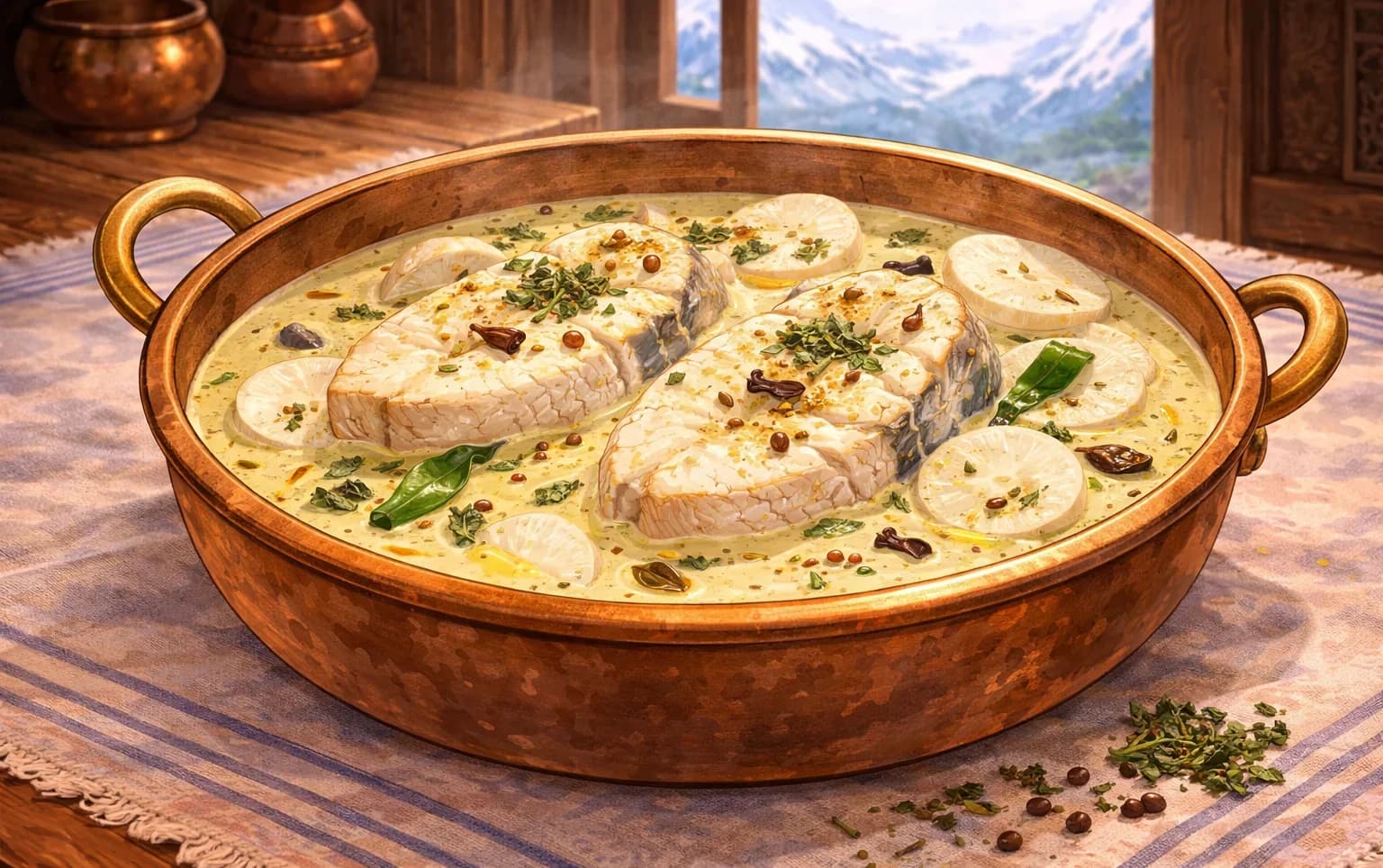 Gaadh Muzh — Kashmiri freshwater fish and crispy radish in spiced yogurt sauce