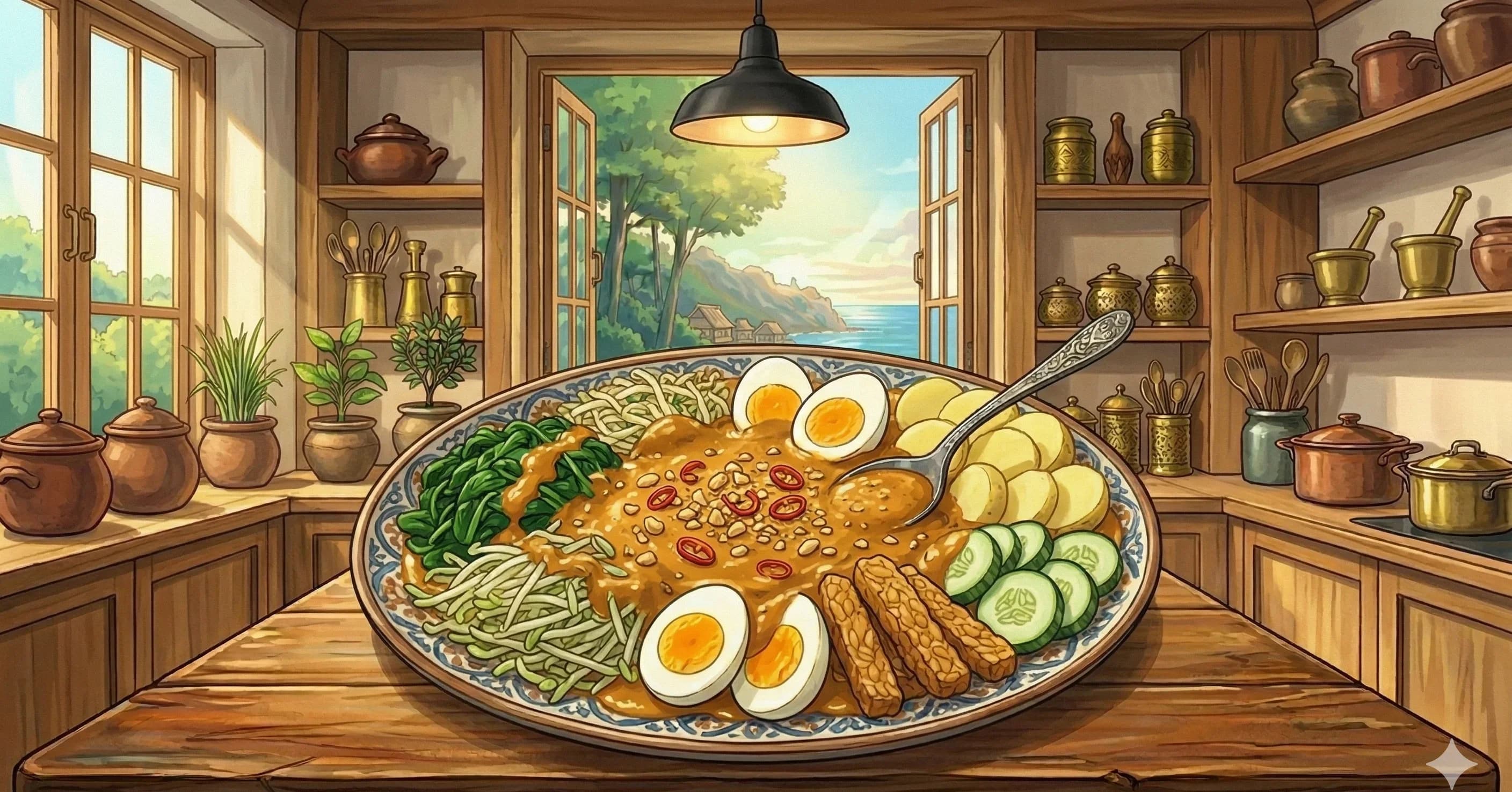 Gado-Gado (Indonesian Peanut Salad) — Blanched vegetables, fried tempeh, and hard-boiled eggs dressed in a warm, spiced peanut sauce