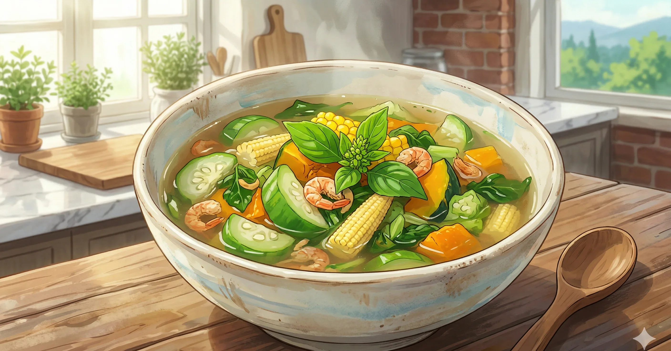 Gaeng Liang (Thai Vegetable Soup with Shrimp Paste and Basil) — A fragrant, peppery Thai vegetable soup built on a pounded paste of shrimp paste, dried shrimp, and shallots, finished with handfuls of sweet basil