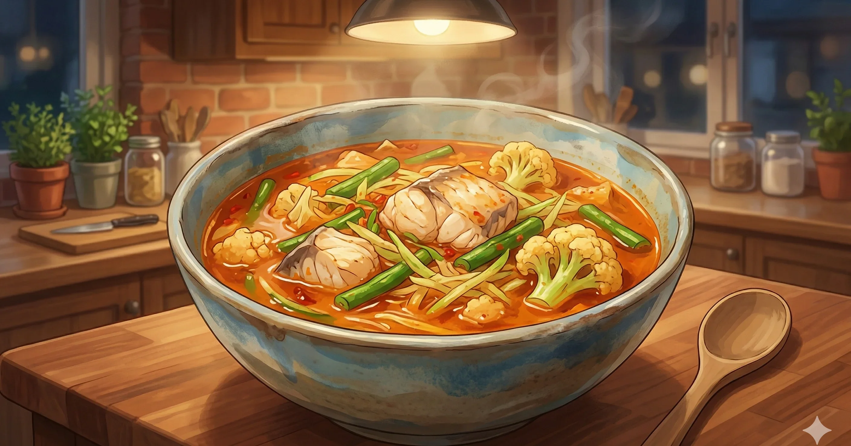 Gaeng Som — Thai sour curry with shrimp, pounded fish, and a tangle of vegetables