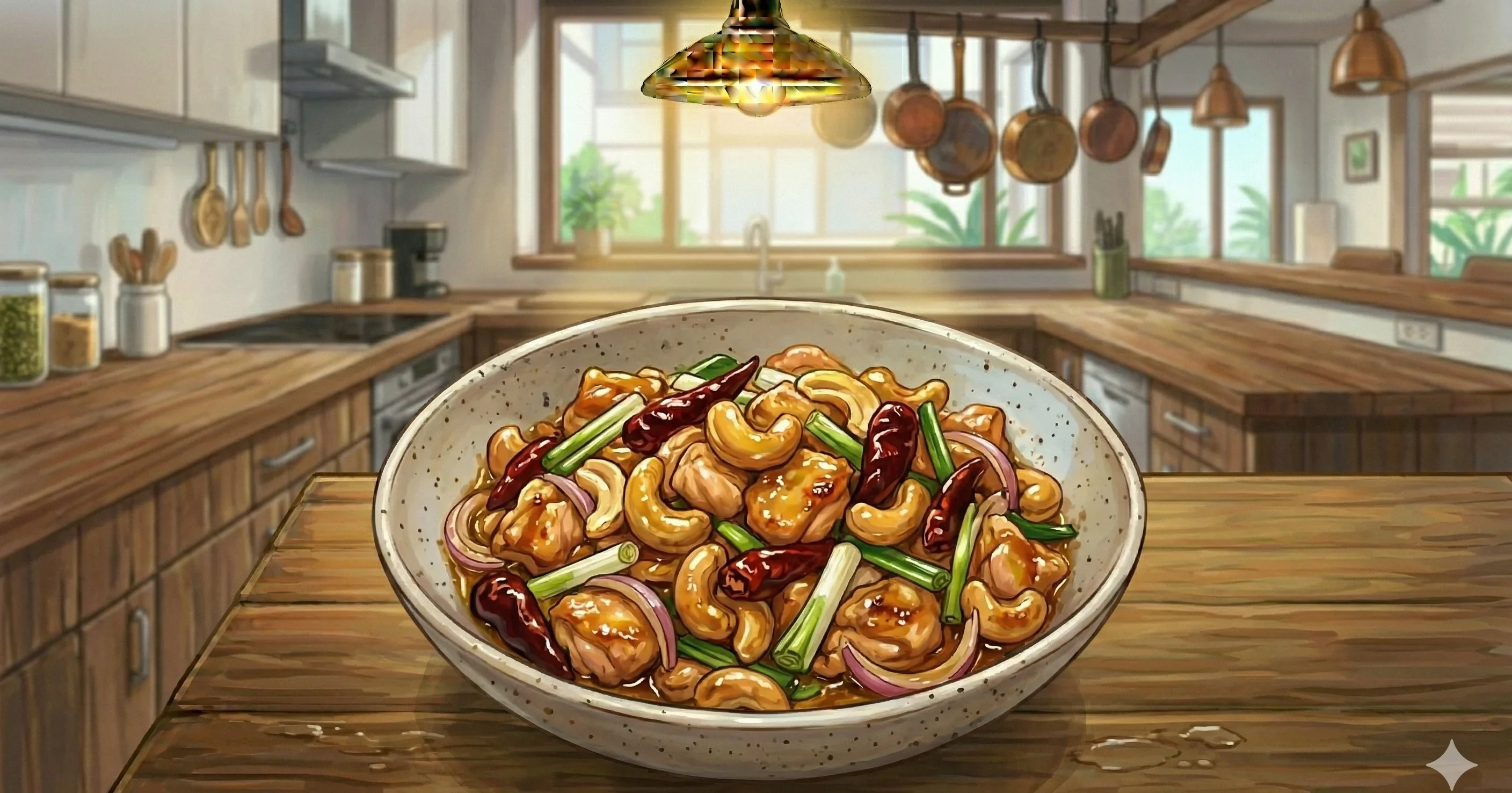 Gai Pad Med Mamuang (ไก่ผัดเม็ดมะม่วงหิมพานต์) — Thai cashew chicken stir-fried with roasted chilies, onion, and a sweet-savory soy glaze