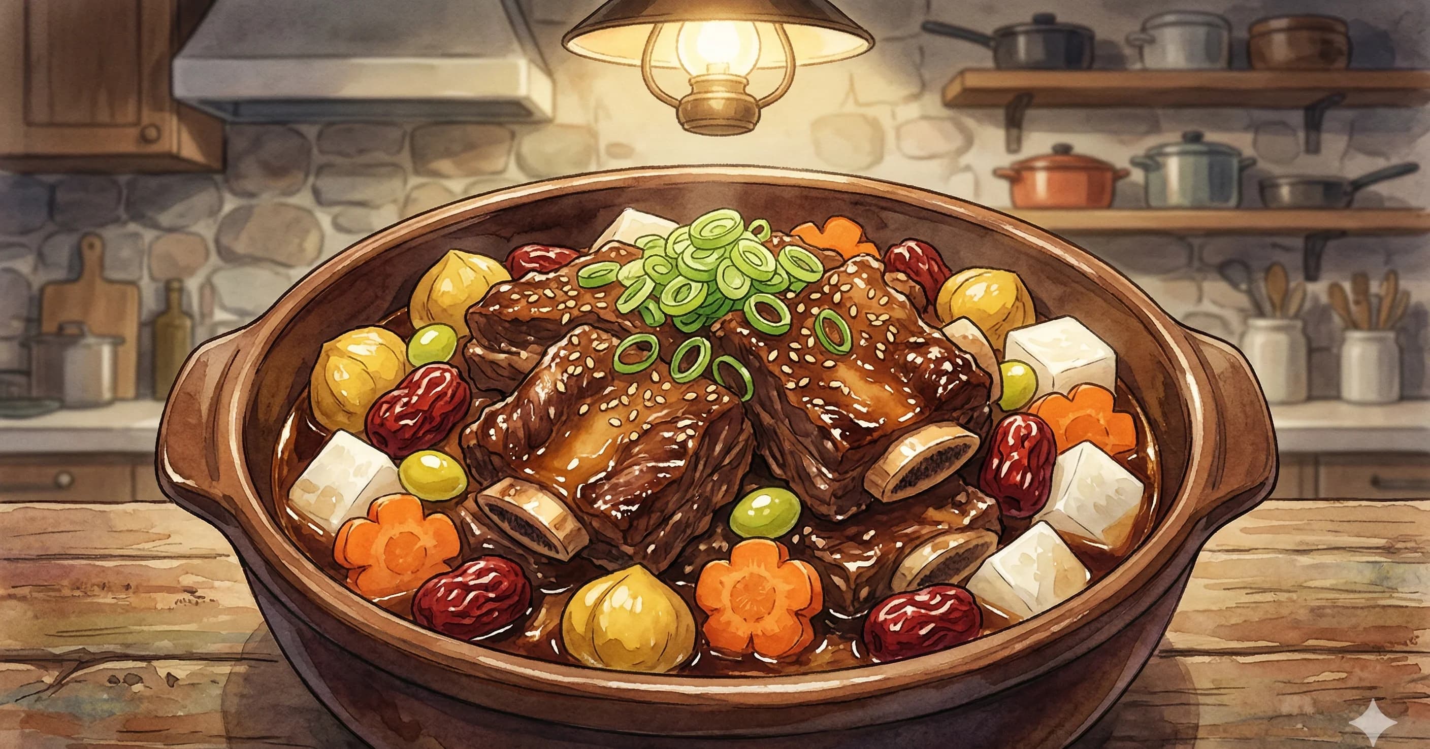 Galbi-jjim (갈비찜) — Beef short ribs braised with carrots, radish, chestnuts, and jujubes in a sweet soy-garlic sauce until fall-off-the-bone tender